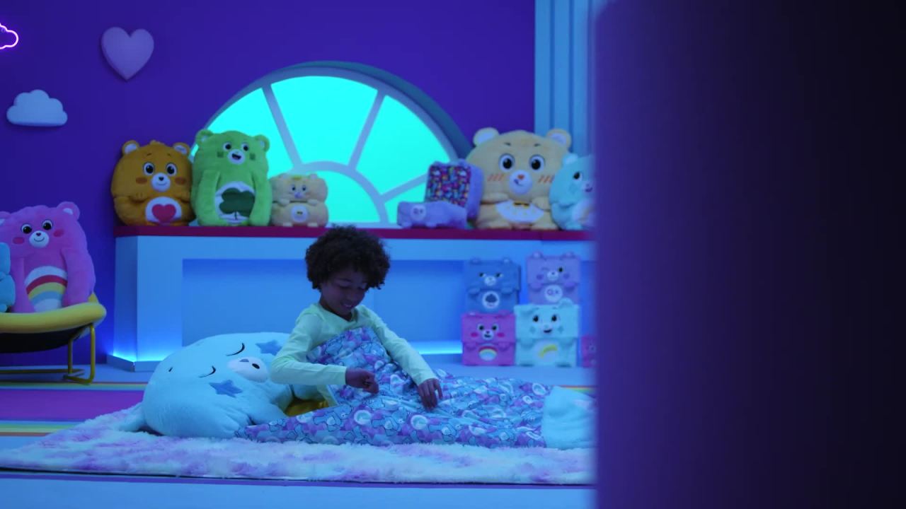 thumbnail video image 2 of Happy Nappers: Care Bears Sleep Sack Large - Dream Bright Bear - 66 x 30", 2-In-1: Plush Character Opens Into Sleeping Bag, Soft Play Animal, Kids 7+, 2 of 12