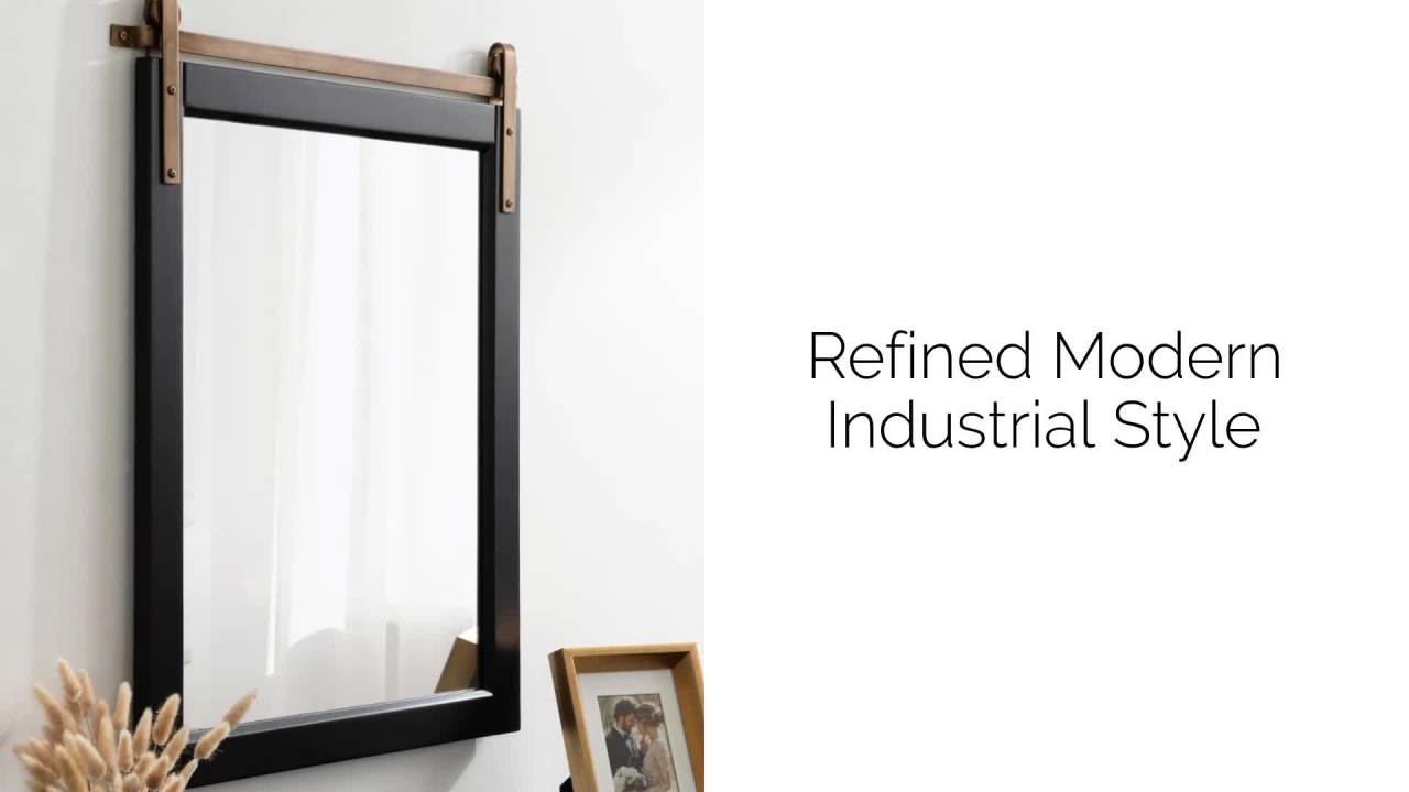 thumbnail video image 2 of Kate and Laurel Skylan Modern Farmhouse Decorative Wood Framed Wall Mirror, 38 x 27, White and Black, Barn Door-Inspired Transitional Wall Hanging Mirror for Bathroom or Living Room Uses, 2 of 8