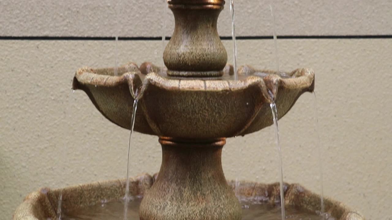 thumbnail video image 2 of Arosco 43" High Large Italian Outdoor Decor Sand Stone Floor Fountain with Light LED 3-Tier Outside Garden Patio, 2 of 13