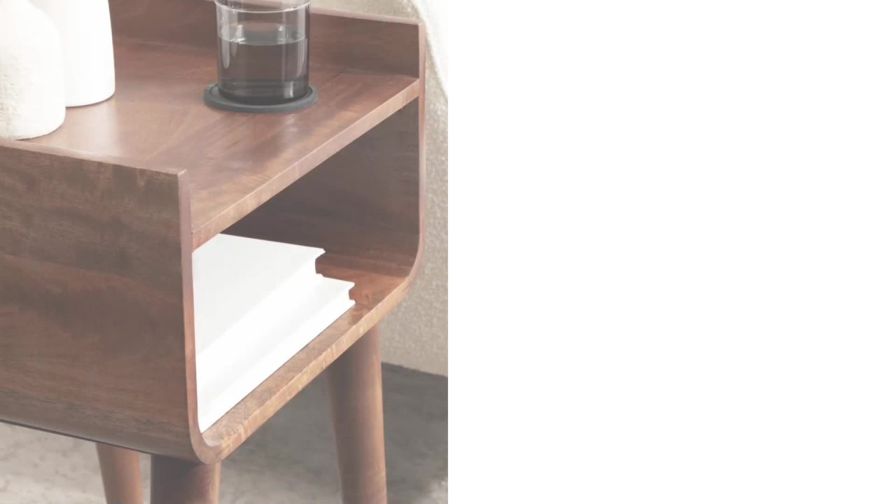 thumbnail video image 2 of Kate and Laurel Quilby Mid-Century Living Room Side Table with Storage, 18 x 14 x 27, Walnut Brown, Wooden Bedroom Nightstand with Tapered Legs and Bedside Table Storage, 2 of 8