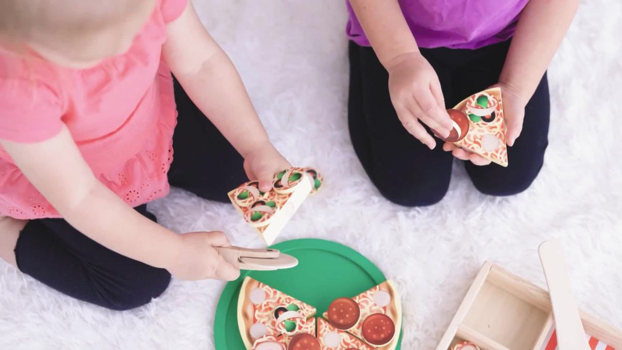 thumbnail video image 3 of Melissa & Doug Wooden Pizza Party Play Food Set with 36 Toppings for Toddlers Age 3+, 3 of 11