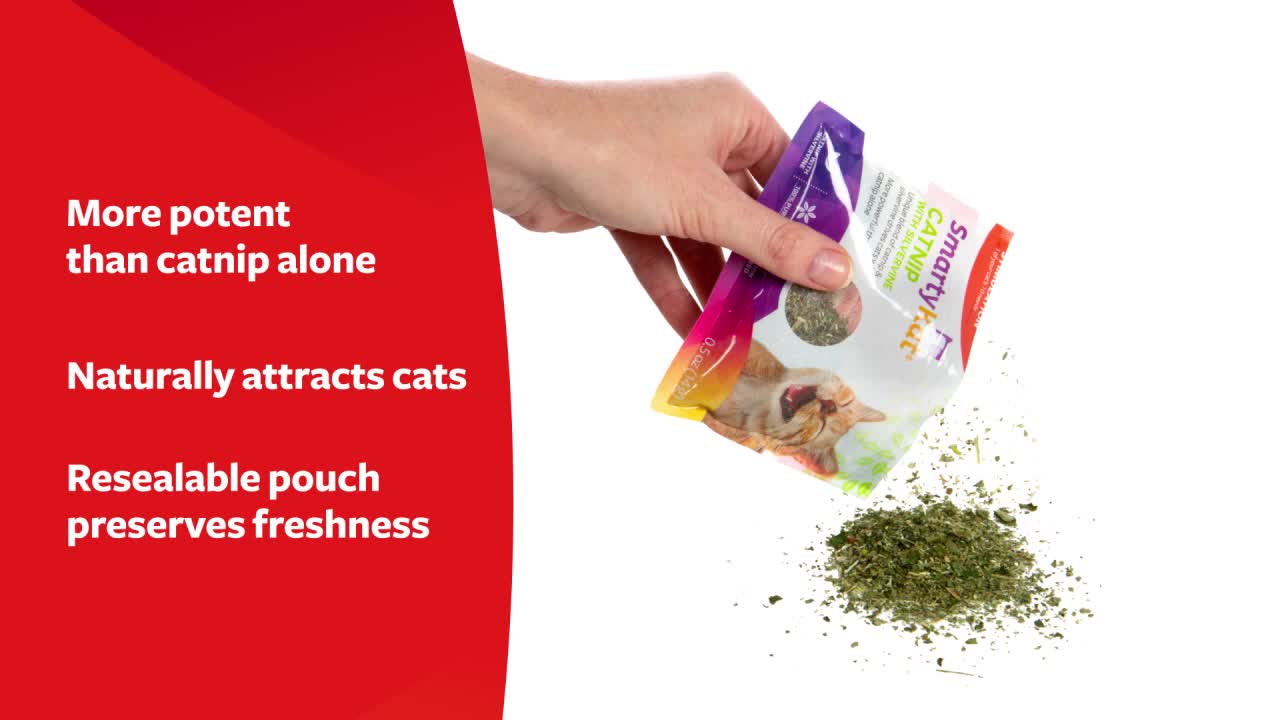 thumbnail video image 2 of SmartyKat Catnip with Silvervine, Pure & Potent Blend for Cats, Resealable Pouch, 0.5 oz, 2 of 9