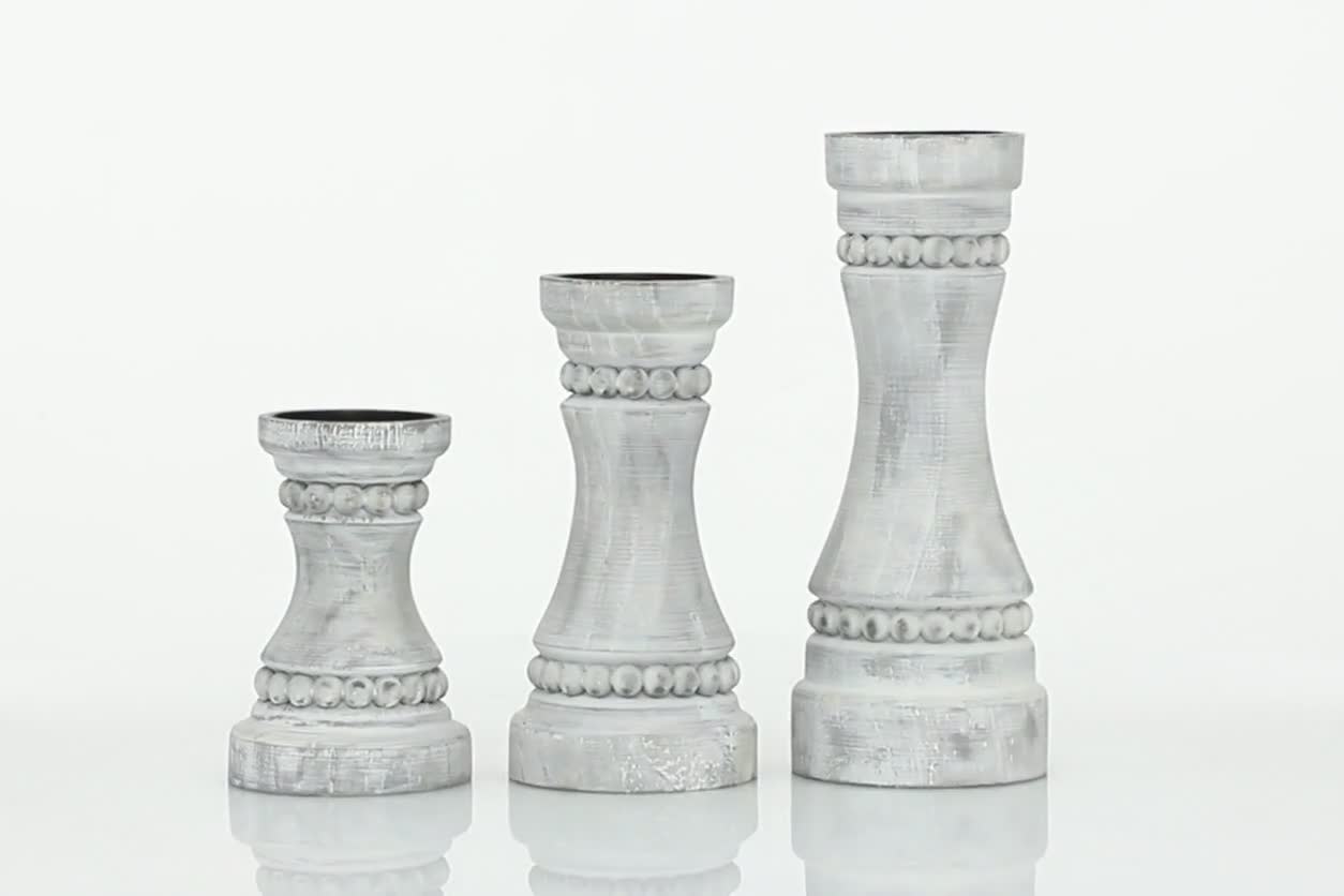 thumbnail video image 2 of DecMode 3 Candle Gray Wood Candle Holder, Set of 3, 2 of 9