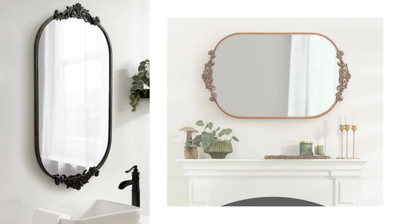 thumbnail video image 2 of Kate and Laurel Arendahl Traditional Capsule Wall Mirror, 24 x 41, Antique Gold, Vintage Glam Baroque-Inspired Round Bathroom Vanity Mirror with Ornate Crown, 2 of 8