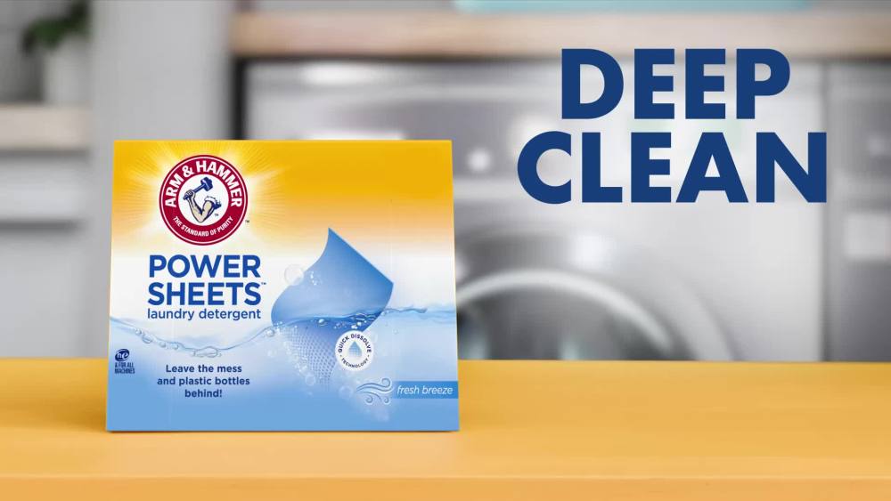 thumbnail video image 2 of (6 pack) ARM & HAMMER Power Sheets Laundry Detergent, Fresh Breeze, 60 Count, Up to 120 Small Loads, 2 of 15