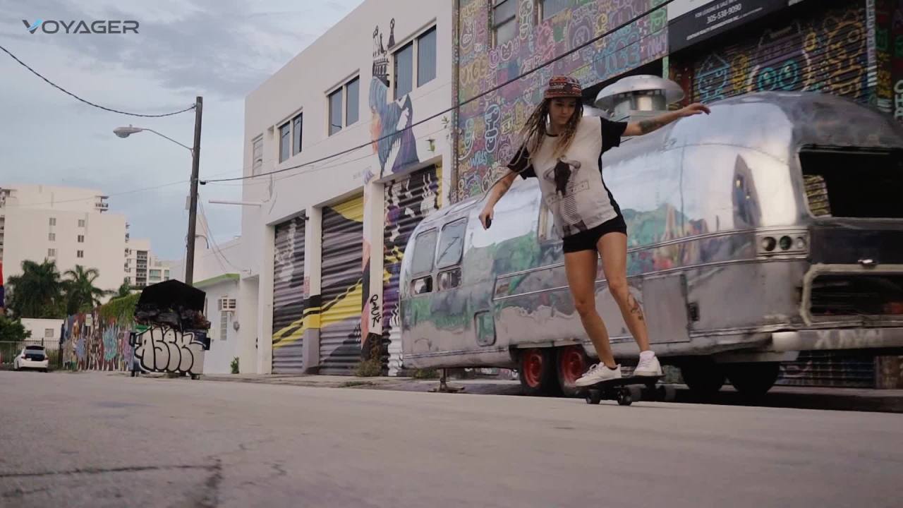 thumbnail video image 2 of Voyager Neutrino Electric Skateboard Cruiser with Bluetooth Remote, 72MM Wheels, 2 of 12