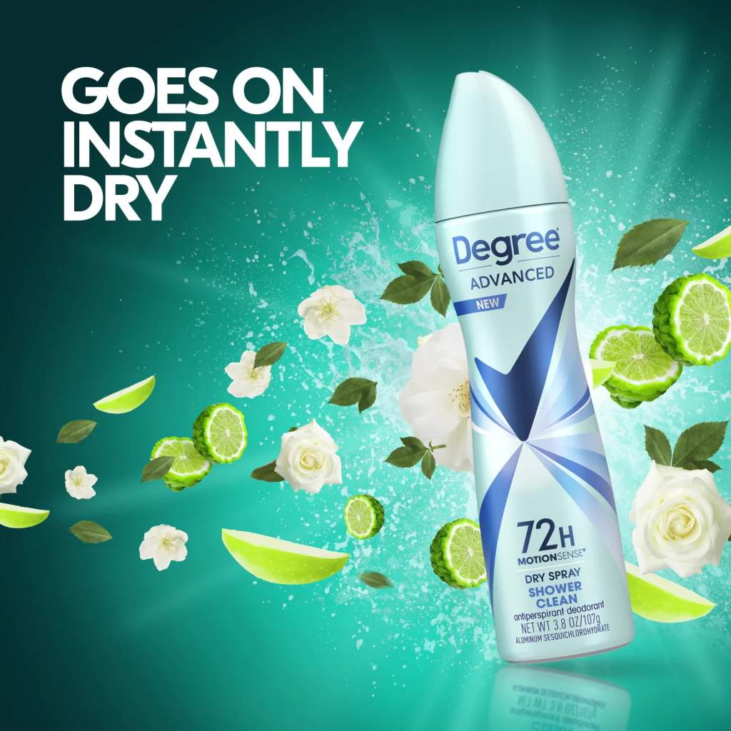 thumbnail video image 2 of Degree Advanced Long Lasting Antiperspirant Deodorant Dry Spray for Women Shower Clean, 3.8 oz, 2 of 10