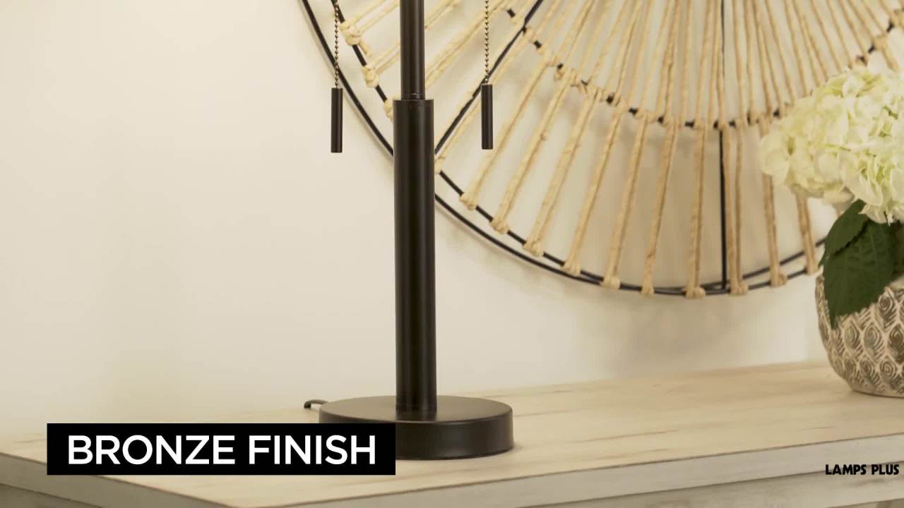 thumbnail video image 2 of Franklin Iron Works Bernie Industrial Table Lamps 25" High Set of 2 Rich Bronze with USB Charging Port Tan Drum Shade for Bedroom Living Room Bedside, 2 of 10
