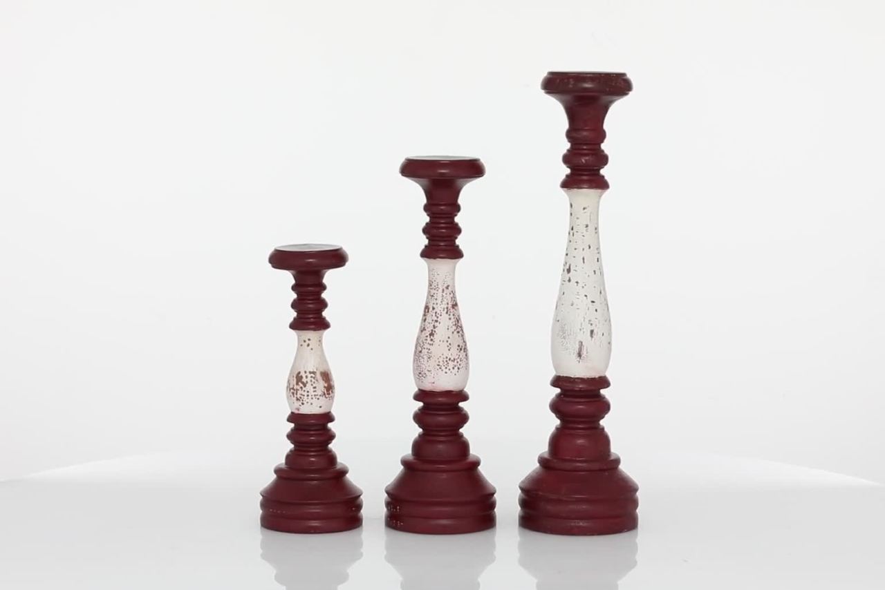 thumbnail video image 2 of DecMode Indoor 20", 16", 12"H Farmhouse Mahogany Candle Holder, Red, 3 - Pieces, 2 of 12
