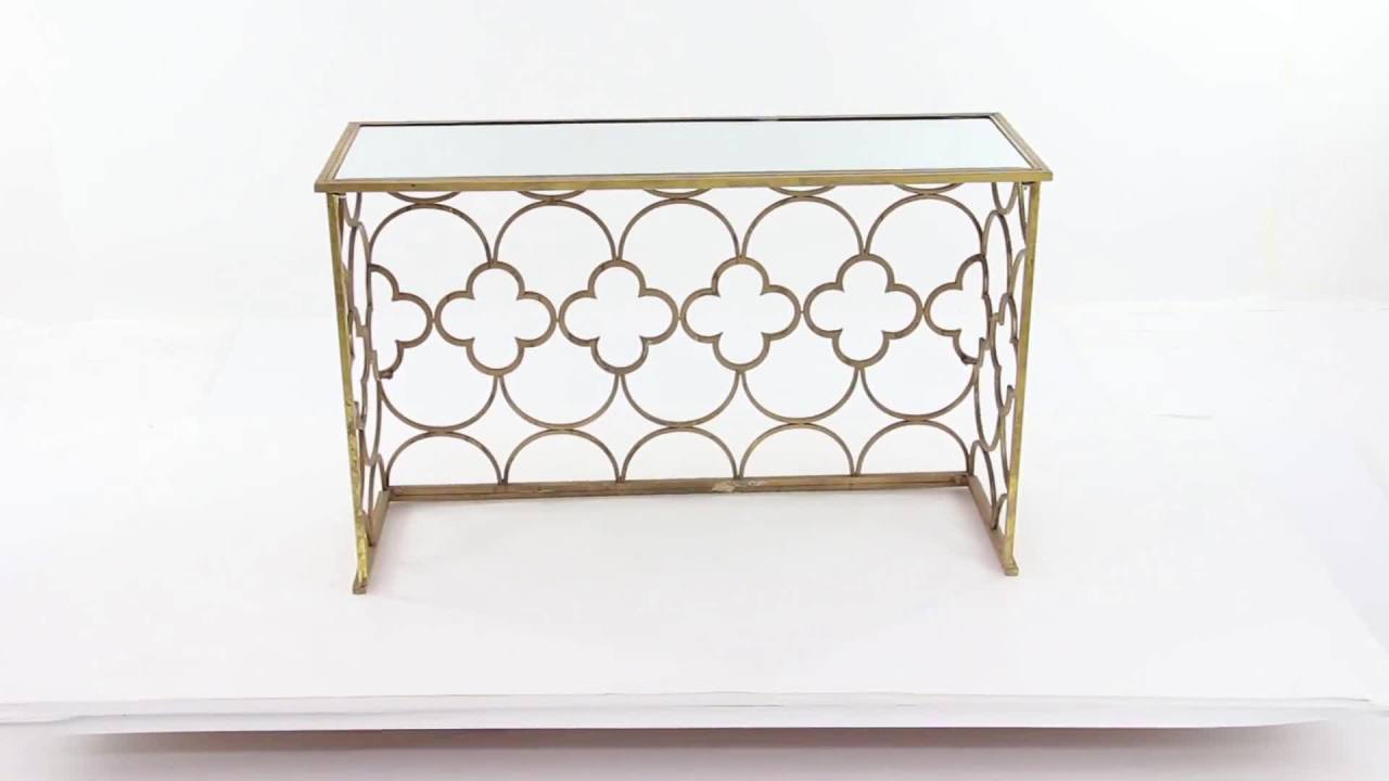 thumbnail video image 2 of DecMode 49" x 31" Gold Metal Quatrefoil Design Geometric Console Table with Mirrored Glass Top, 1-Piece, 2 of 13