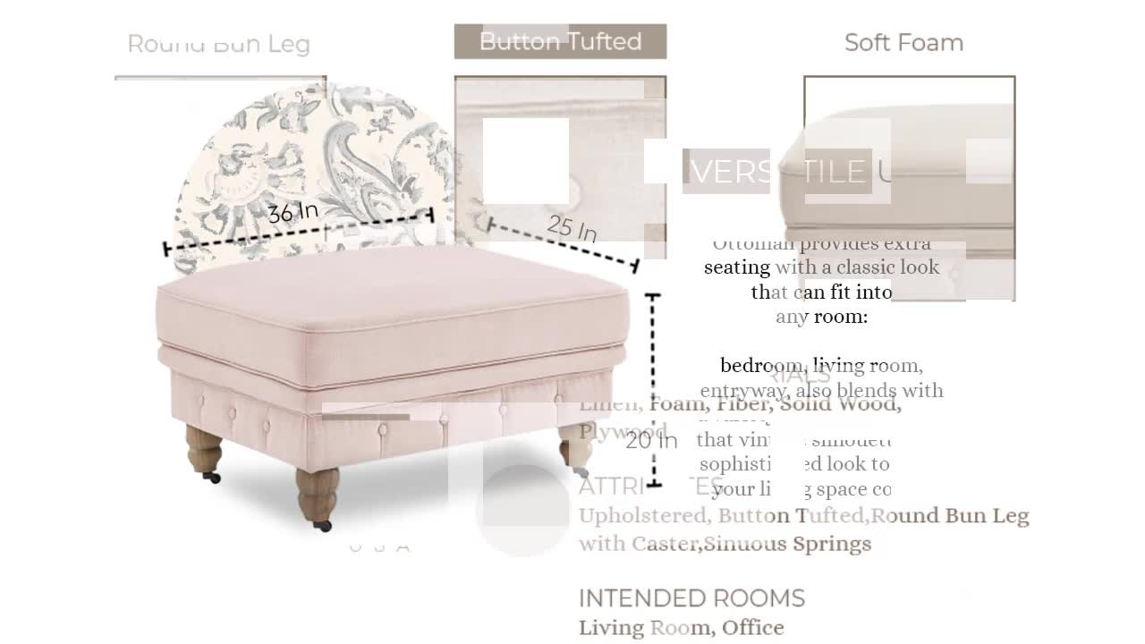 thumbnail video image 2 of Rustic Manor Audriana Linen Cocktail Ottoman with Casters, Button Tufted, Pink, 36 x 25 x 25, 2 of 8