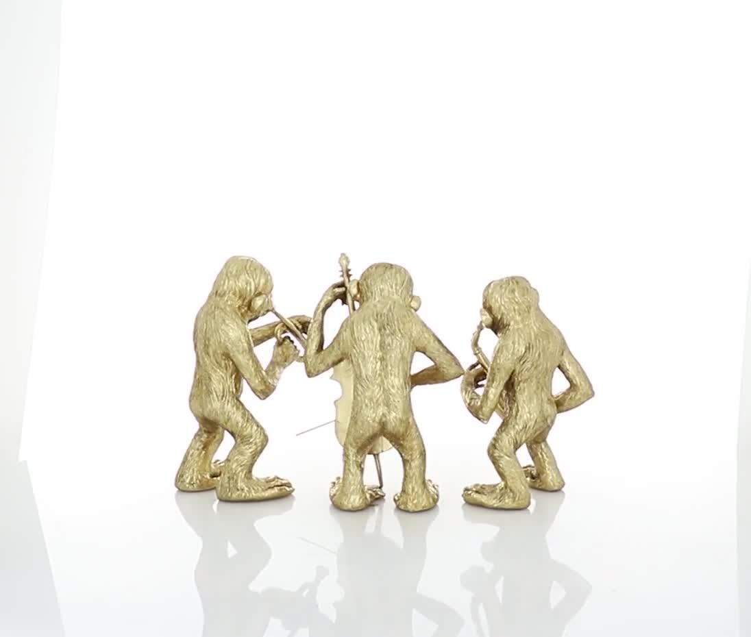 thumbnail video image 2 of 12", 12", 11"H Gold Polystone Monkey Sculpture, by DecMode (3 Count), 2 of 11