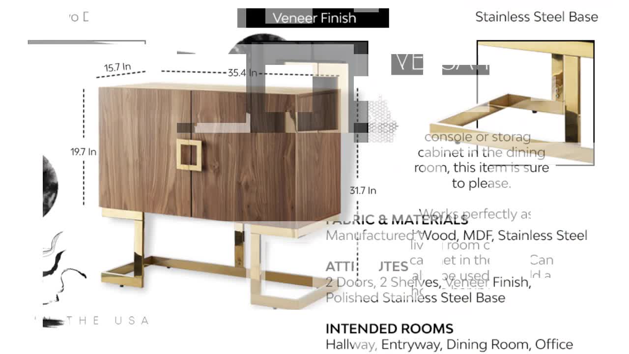thumbnail video image 2 of Nicole Miller Miliani Accent Cabinet Oak Veneer Finish Polished Stainless Steel Base, Grey Oak/Chrome, 2 of 11