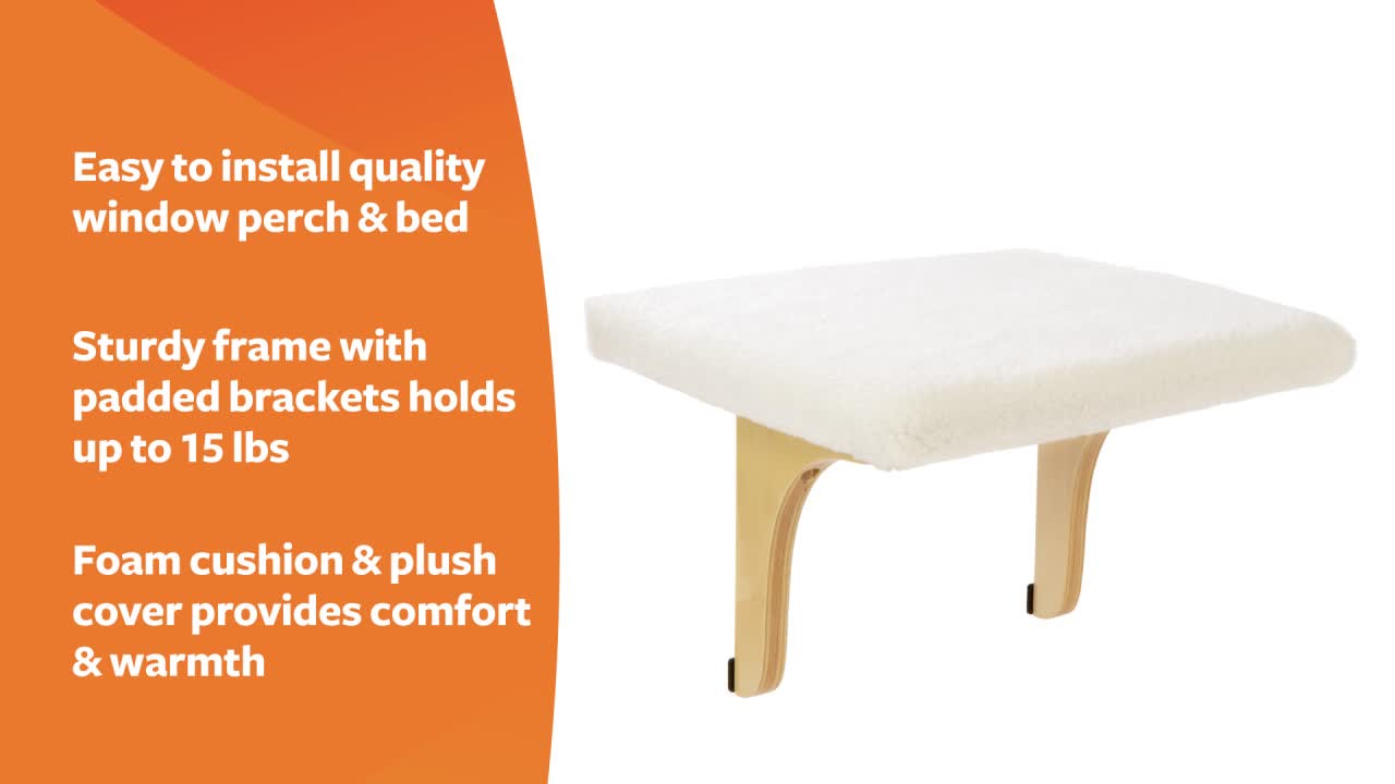thumbnail video image 2 of SmartyKat Paw Perch Padded Perch for Indoor Cats & Kittens Up to 15 Pounds, Easy Install, All Lifestages, Machine Washable Sherpa Cover, Cream, 2 of 3