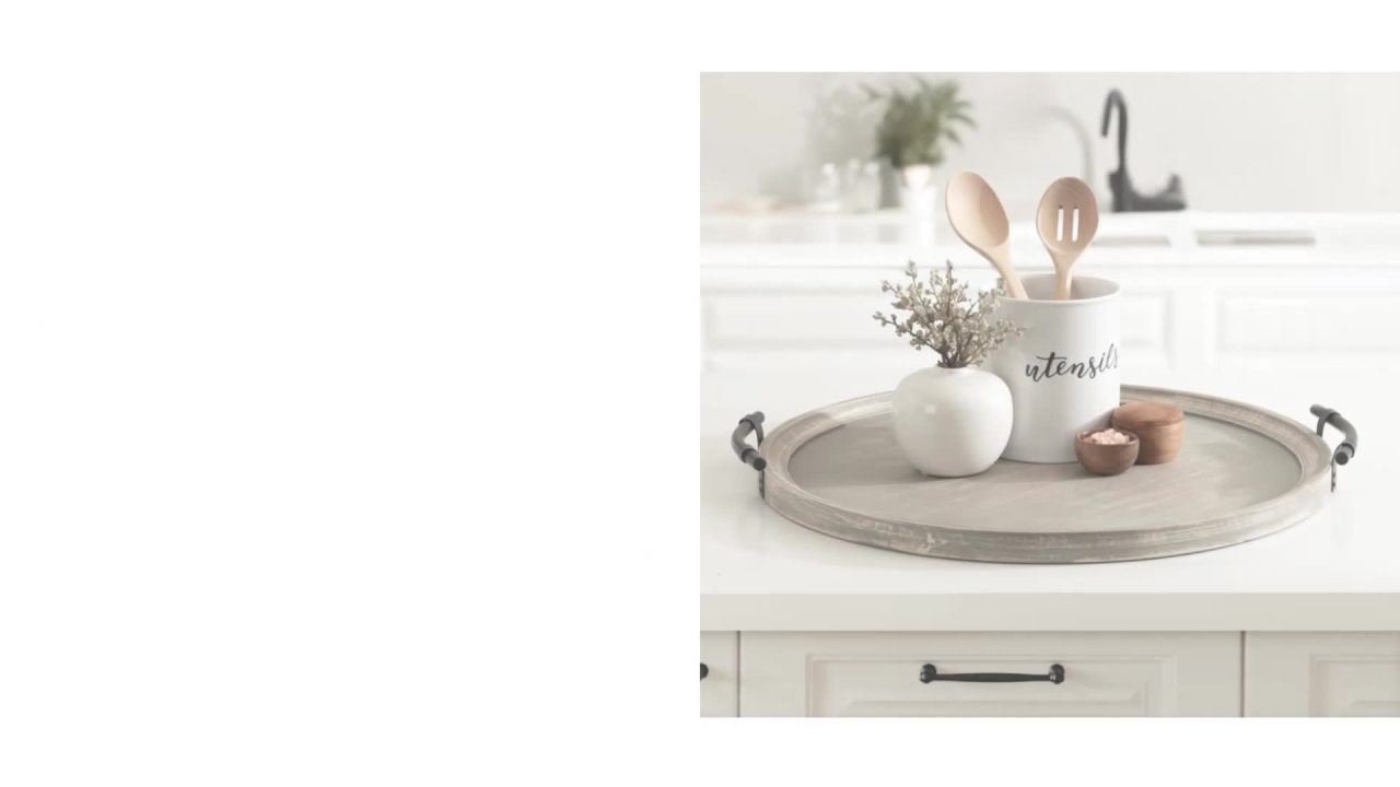 thumbnail video image 2 of Kate and Laurel Bruillet Farmhouse Wood Round Ottoman Tray, 24 x 22, Rustic Gray, Circle Coffee Table Tray for Living Room Decor or Large Serving Tray, 2 of 10