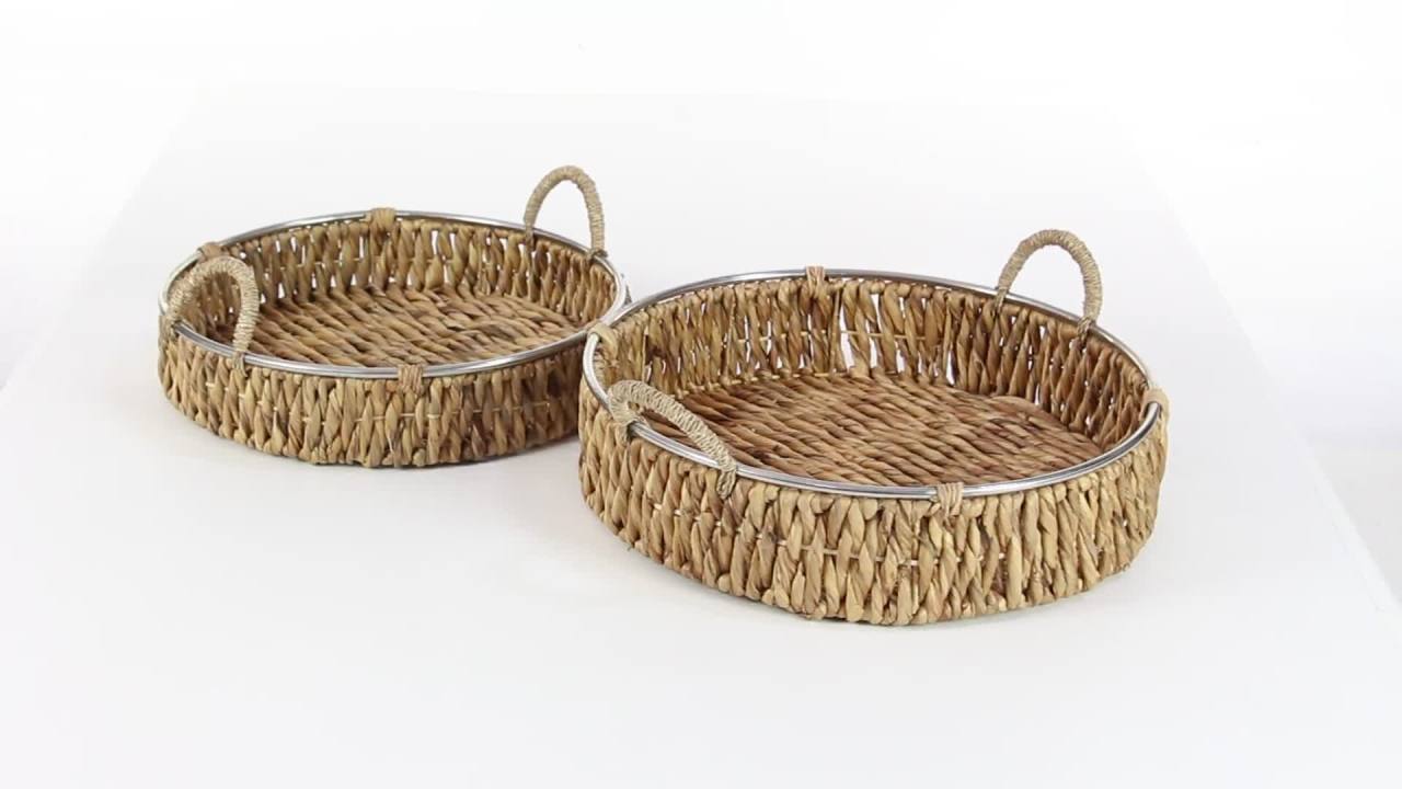 thumbnail video image 2 of DecMode Wicker, Natural Brown and Beige Seagrass Dried Plant Coastal Serene Table-Top Tray, Set of 2 18", 20"W, featuring Rattan Weave Design and Metal Ring Handle Accents, 2 of 10