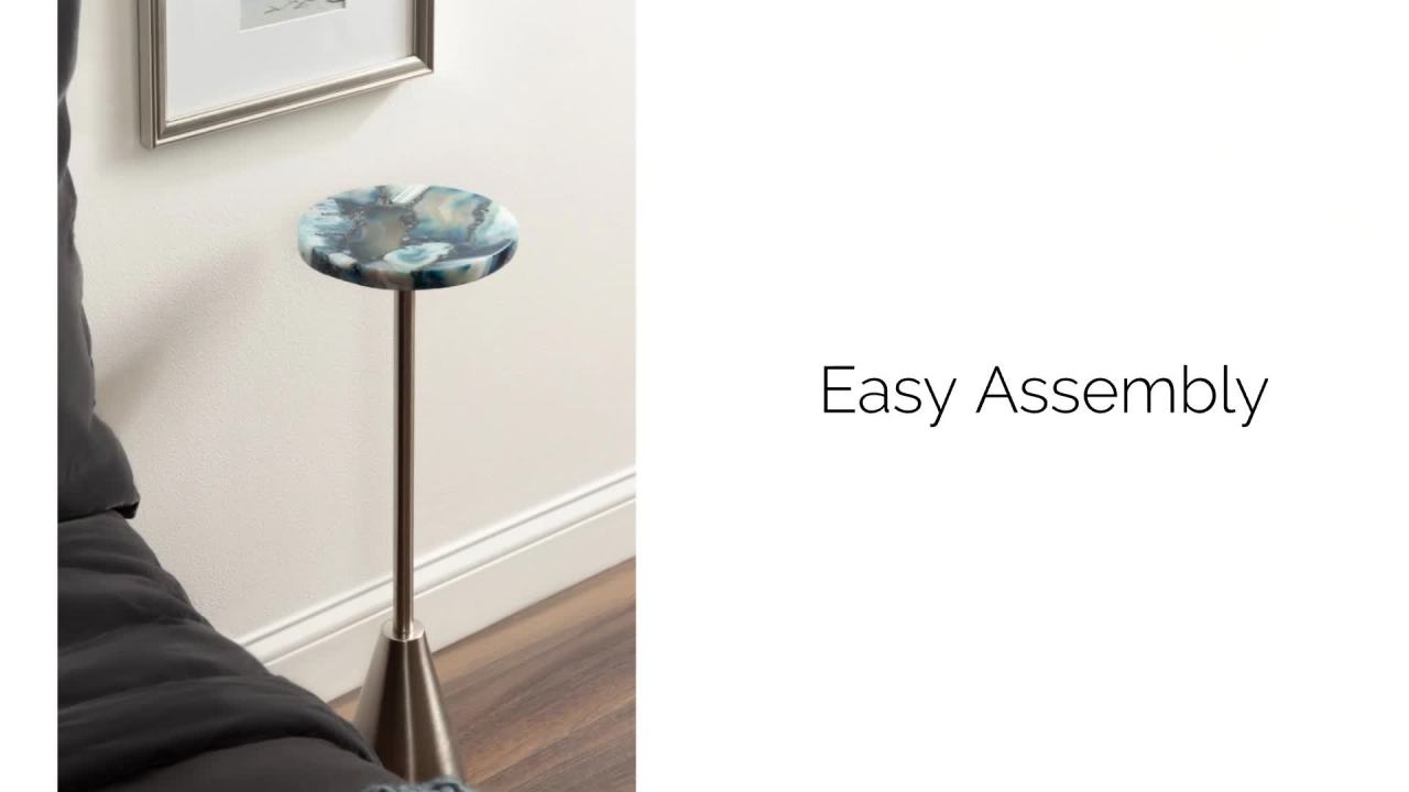 thumbnail video image 2 of Kate and Laurel Sitara Modern Glam Drink Table, 8 x 8 x 23, Pink Quartz and Gold, Unique Round Stone Mini Table for Use as Bathroom Accent Table or Pedestal Martini Table, 2 of 10