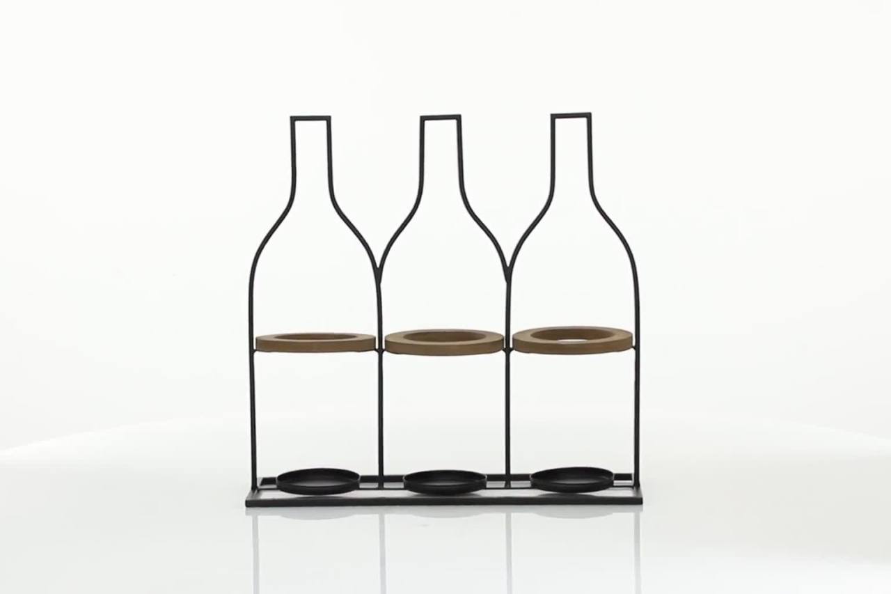 thumbnail video image 2 of DecMode 17" x 16" Black Metal Bottle Shaped 3 Bottles Wine Holder, 1-Piece, 2 of 10