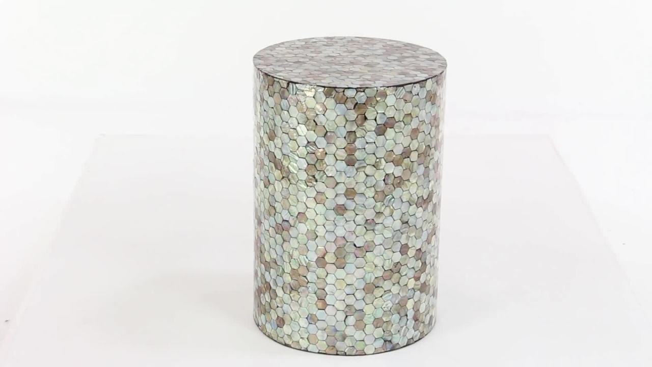 thumbnail video image 2 of DecMode Contemporary Opalescent Mussel Shells Accent Table, 14"W x 14"L x 20"H, Neutral/Multi Colored, 2 of 12