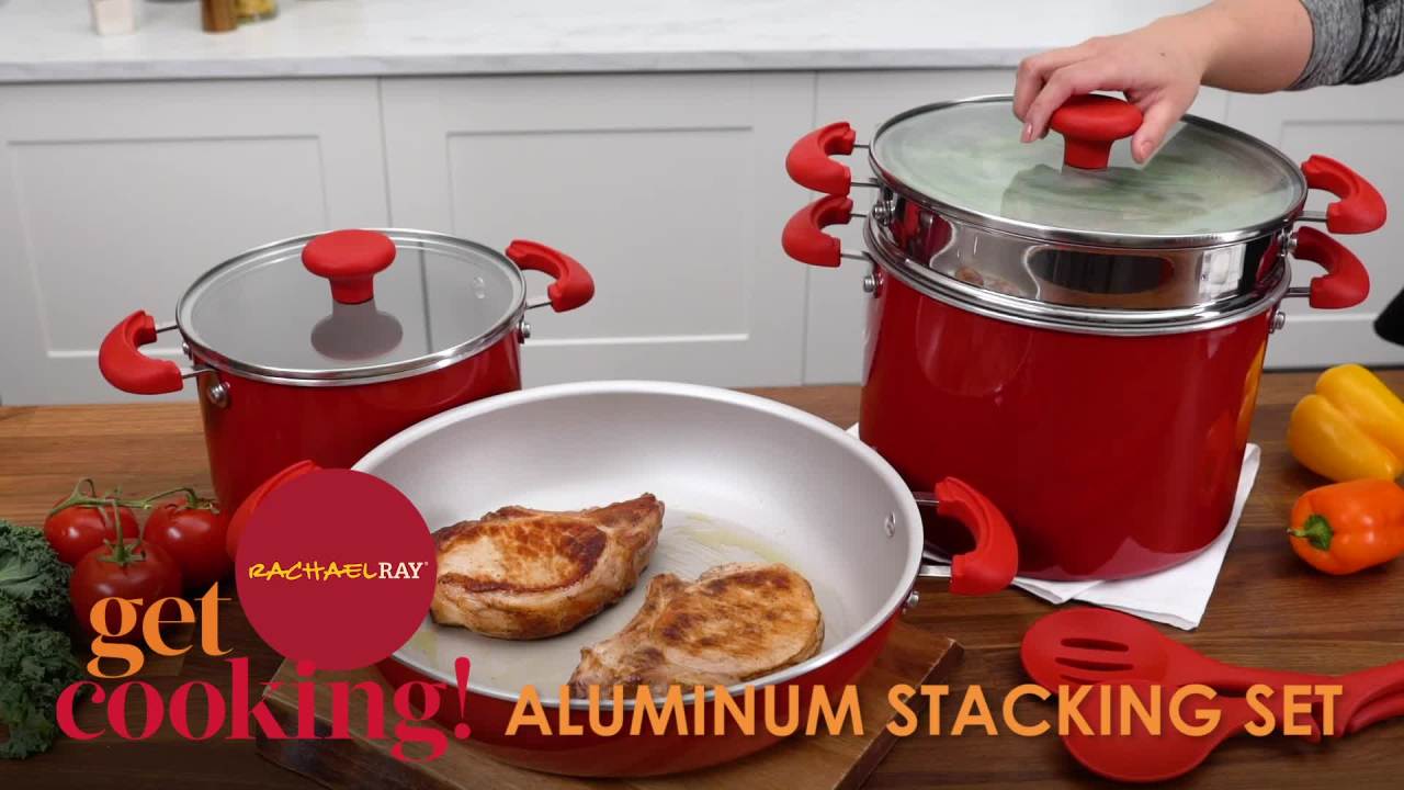 thumbnail video image 2 of Rachael Ray 8 Piece Get Cooking! Stackable Nonstick Pots and Pans, Red, 2 of 10