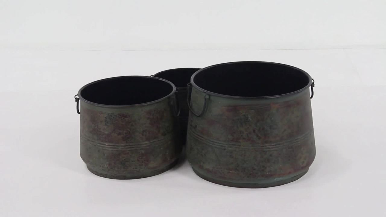 thumbnail video image 2 of DecMode Brass Metal Rustic Round Planter Set of 3 16", 13", 11"W, Multi-Color Highlights, Textured Lines and Side Arched Handles with Organic Character, 2 of 14