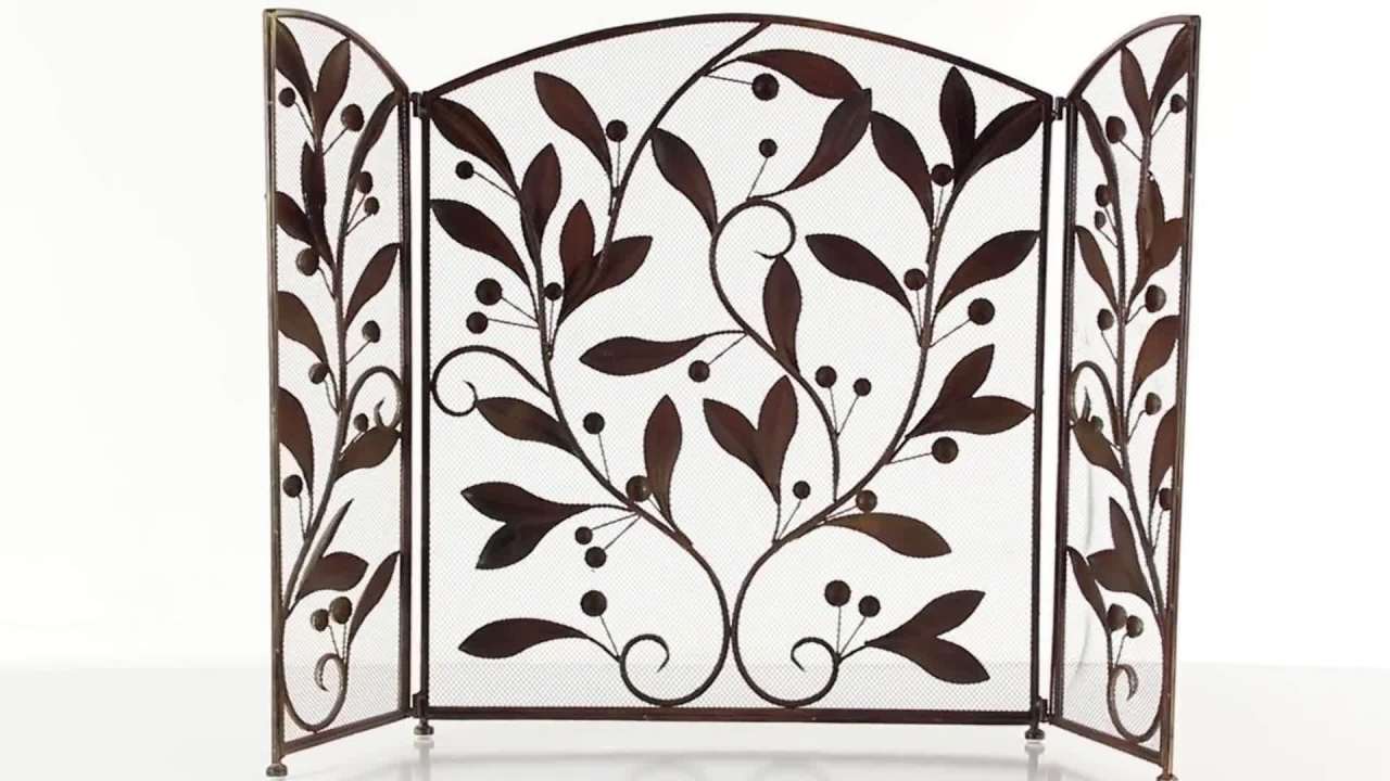 thumbnail video image 2 of DecMode 45" x 30" Red Metal Foldable Mesh Netting 3 Panel Leaf Fireplace Screen with Leaf and Vine Relief, 1-Piece, 2 of 12