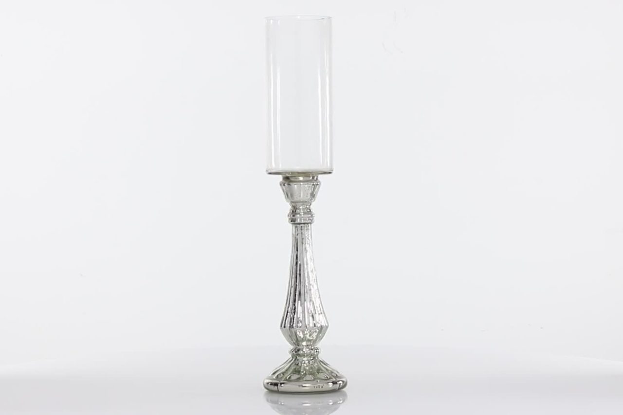 thumbnail video image 2 of DecMode Silver Glass Handmade Turned Style Pillar Hurricane Lamp with Faux Mercury Glass Finish, 2 of 9