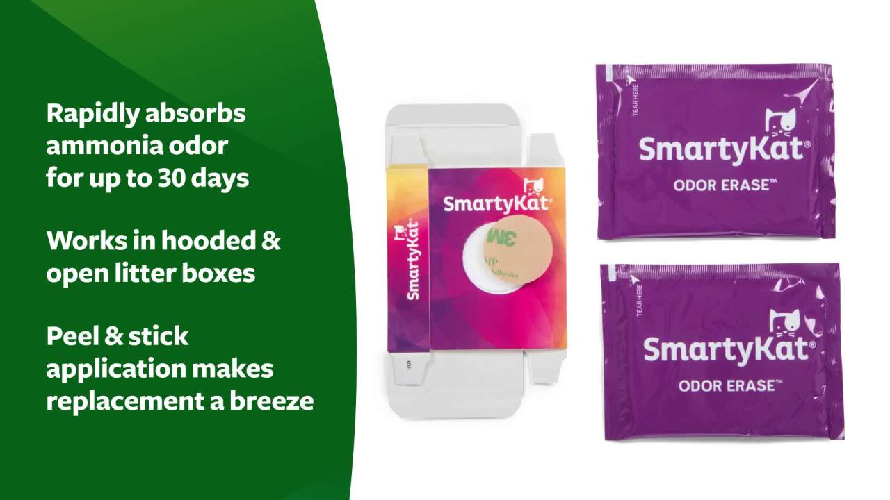 thumbnail video image 2 of SmartyKat Odor Erase Pet Litter Box Odor Absorber for Cats, 0.34 oz Box & 2 Sachets, 2 of 11