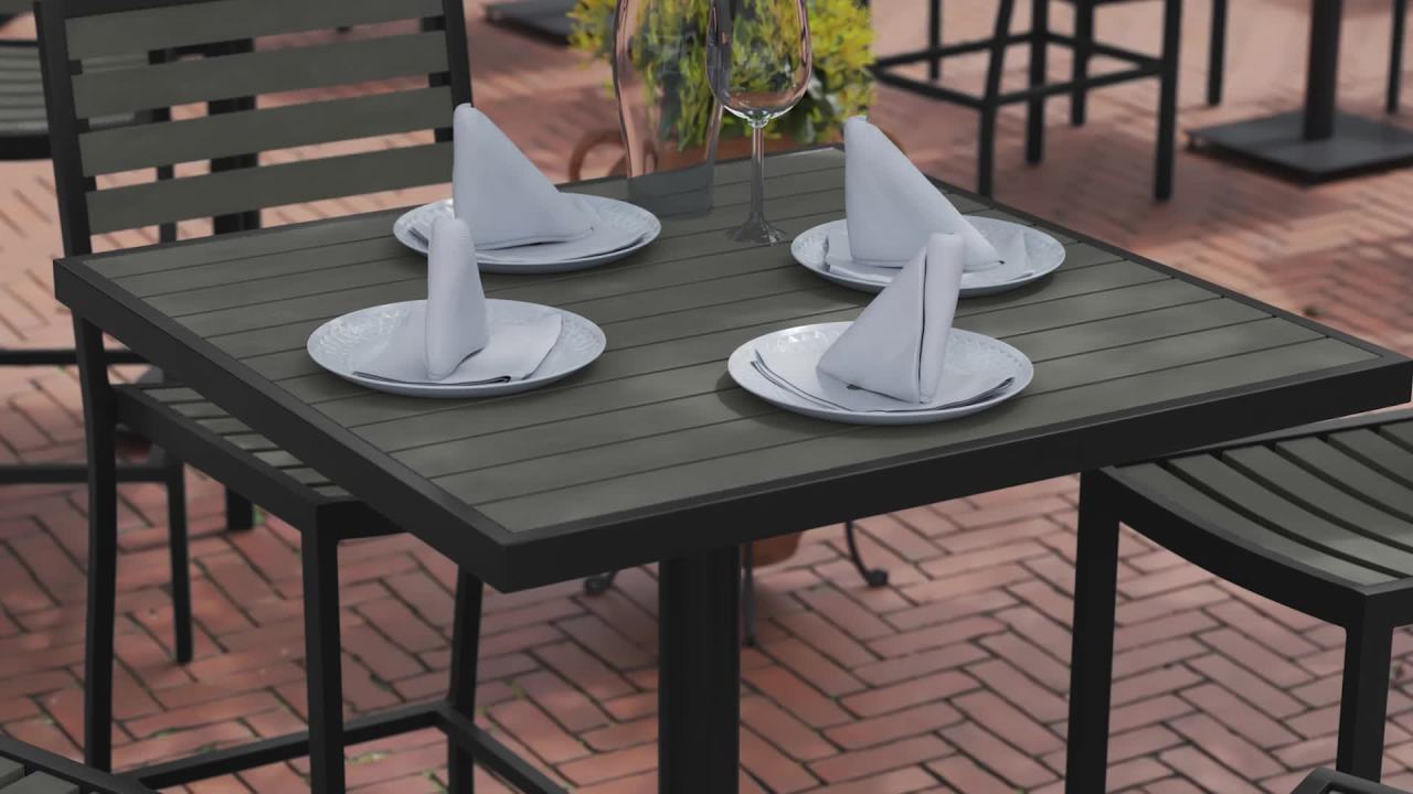 thumbnail video image 2 of Flash Furniture Lark Commercial Grade 32" Square Outdoor Bar Height Table with Faux Teak Poly Resin Slats, 2 of 13