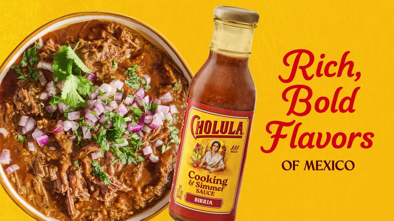 thumbnail video image 2 of (3 pack) Cholula Birria Cooking & Simmer Sauce, 12.0 fl oz Bottle, 2 of 25