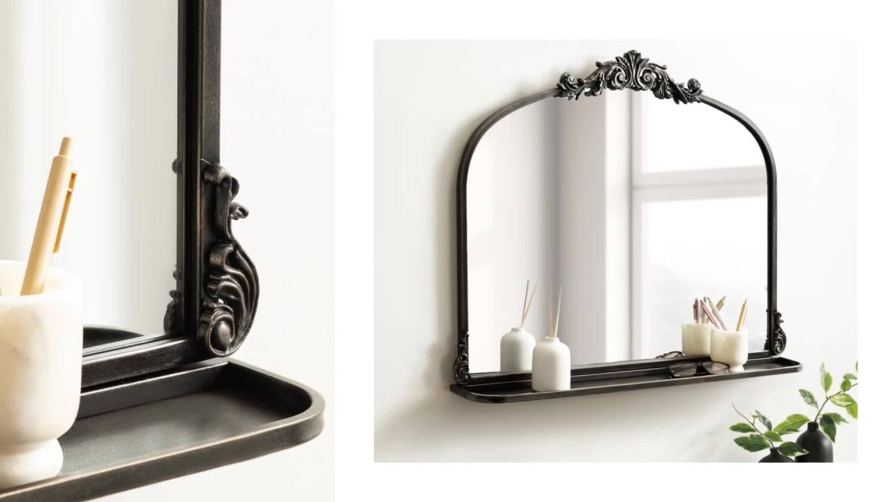 thumbnail video image 2 of Kate and Laurel Arendahl Traditional Vintage Arch Mirror with Shelf, 33 x 26, Gold, Baroque Antique Arched Wall Mirror with Functional Shelf for Use as Vanity Bathroom Mirror or Cute Nursery Mirror, 2 of 9