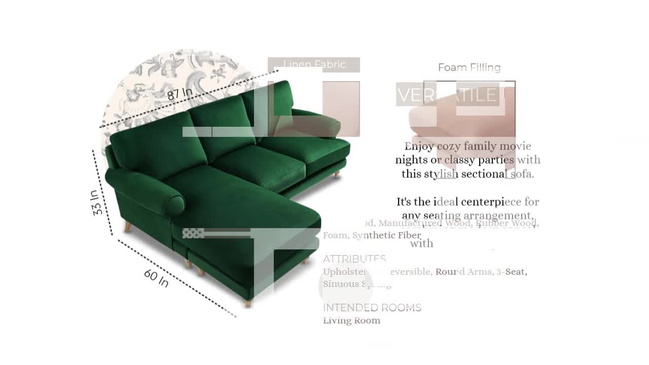thumbnail video image 2 of Rustic Manor Yvette Linen Chaise Mid-Century Modern Reversible L-Shaped Sectional Sofa, Blush, 2 of 10