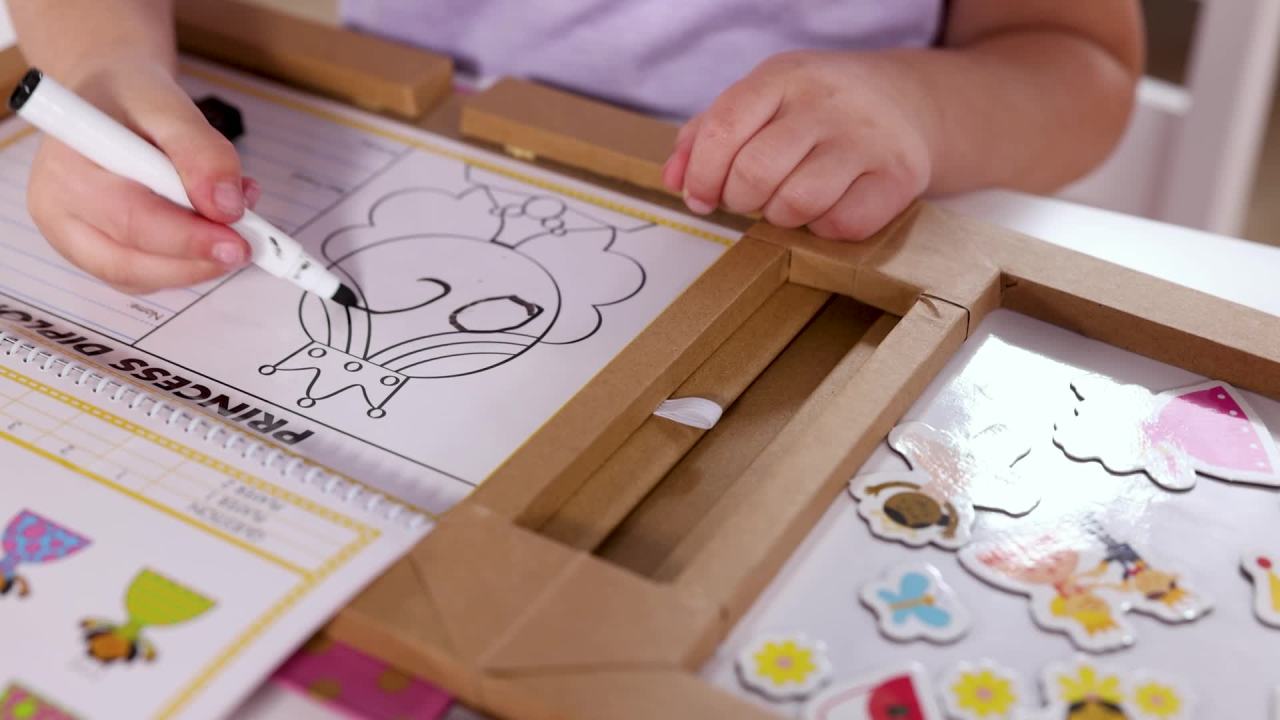 thumbnail video image 2 of Melissa & Doug Natural Play: Play, Draw, Create Reusable Drawing & Magnet Kit – Princesses (54 Magnets, 5 Dry-Erase Markers) - FSC Certified, 2 of 10