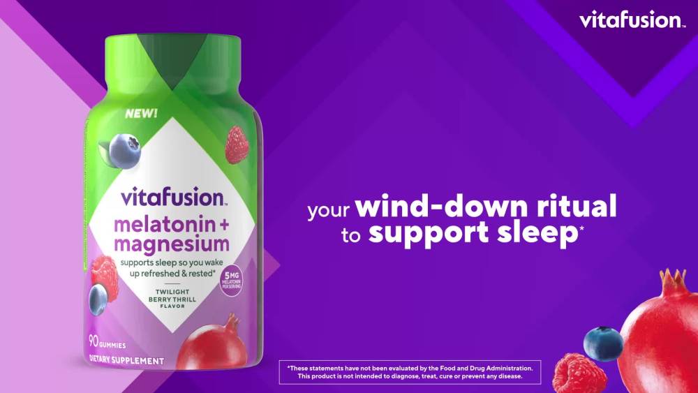 thumbnail video image 2 of vitafusion Melatonin + Magnesium Gummies, Supports Sleep (1), Twilight Berry Thrill Flavor, 90
Count, 2 of 12