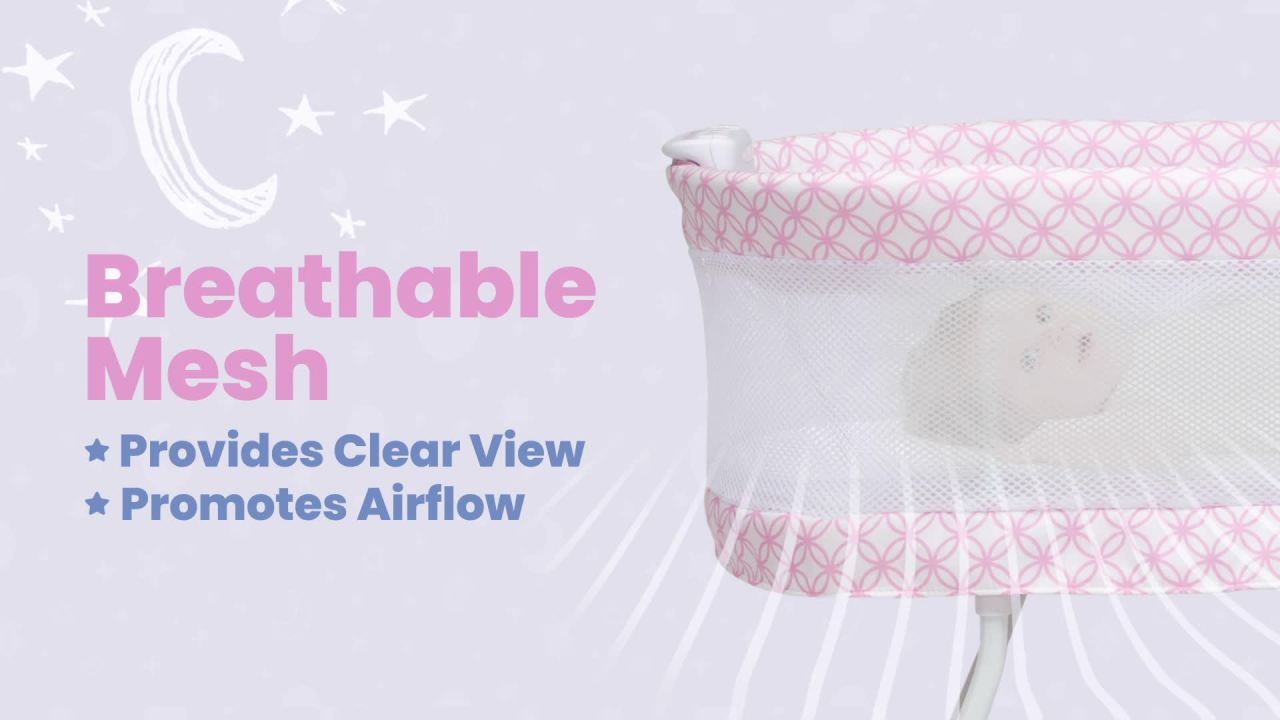 thumbnail video image 2 of Delta Children Sweet Dreams Bassinet with Airflow Mesh - Bedside Portable Crib with Vibration, Lights and Music, Grey Infinity, 2 of 9