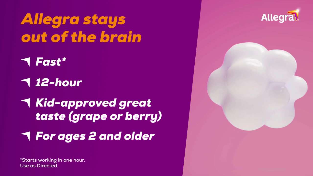 thumbnail video image 3 of Allegra Children's 12-Hour Allergy Relief Liquid, Non-Drowsy Indoor and Outdoor Allergy Medicine, 30 mg Fexofenadine HCI Antihistamine For Kids, Berry Flavor, 4 oz., 3 of 10