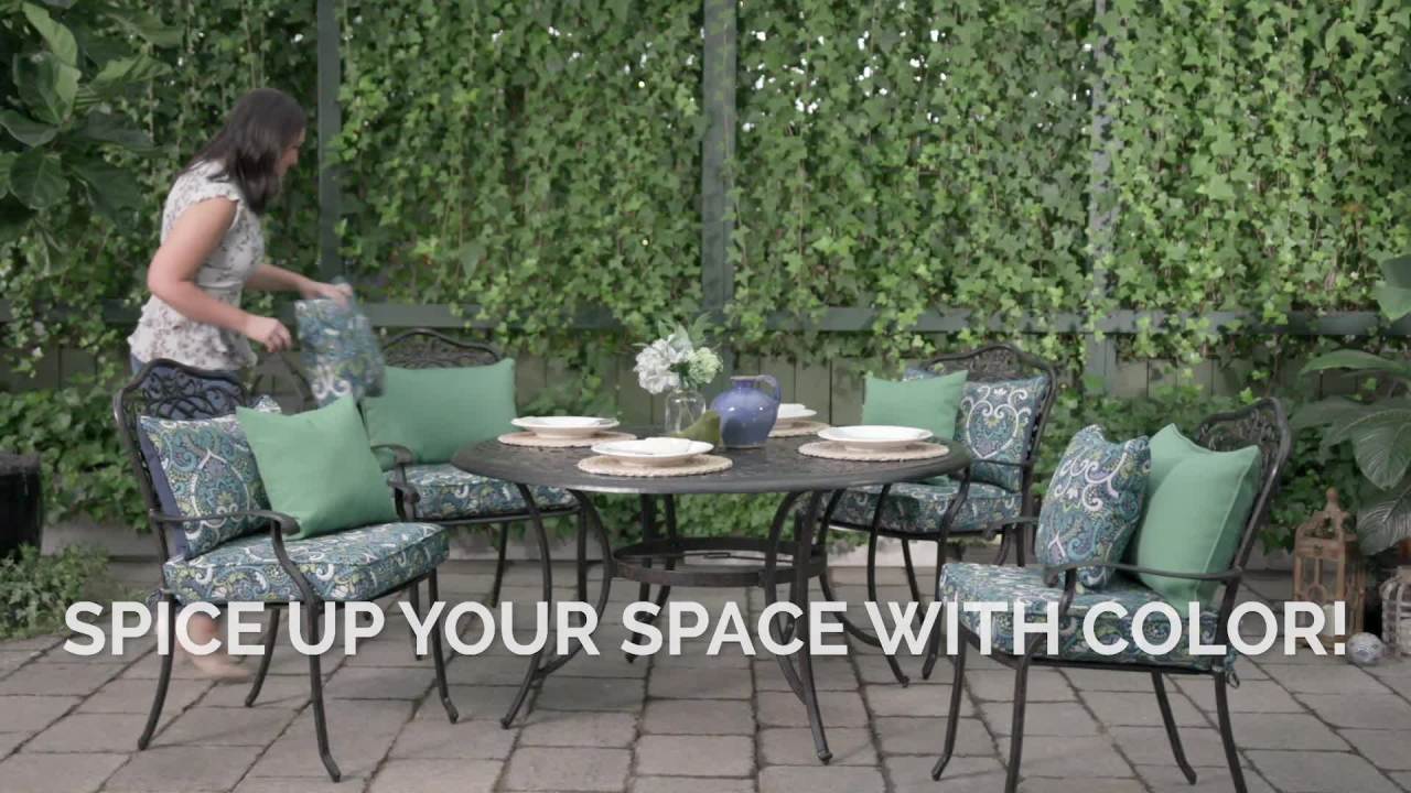 thumbnail video image 2 of ARDEN Outdoor Dining Chair Cushion Set 21 x 21, Sapphire Aurora Blue Damask, 2 of 12