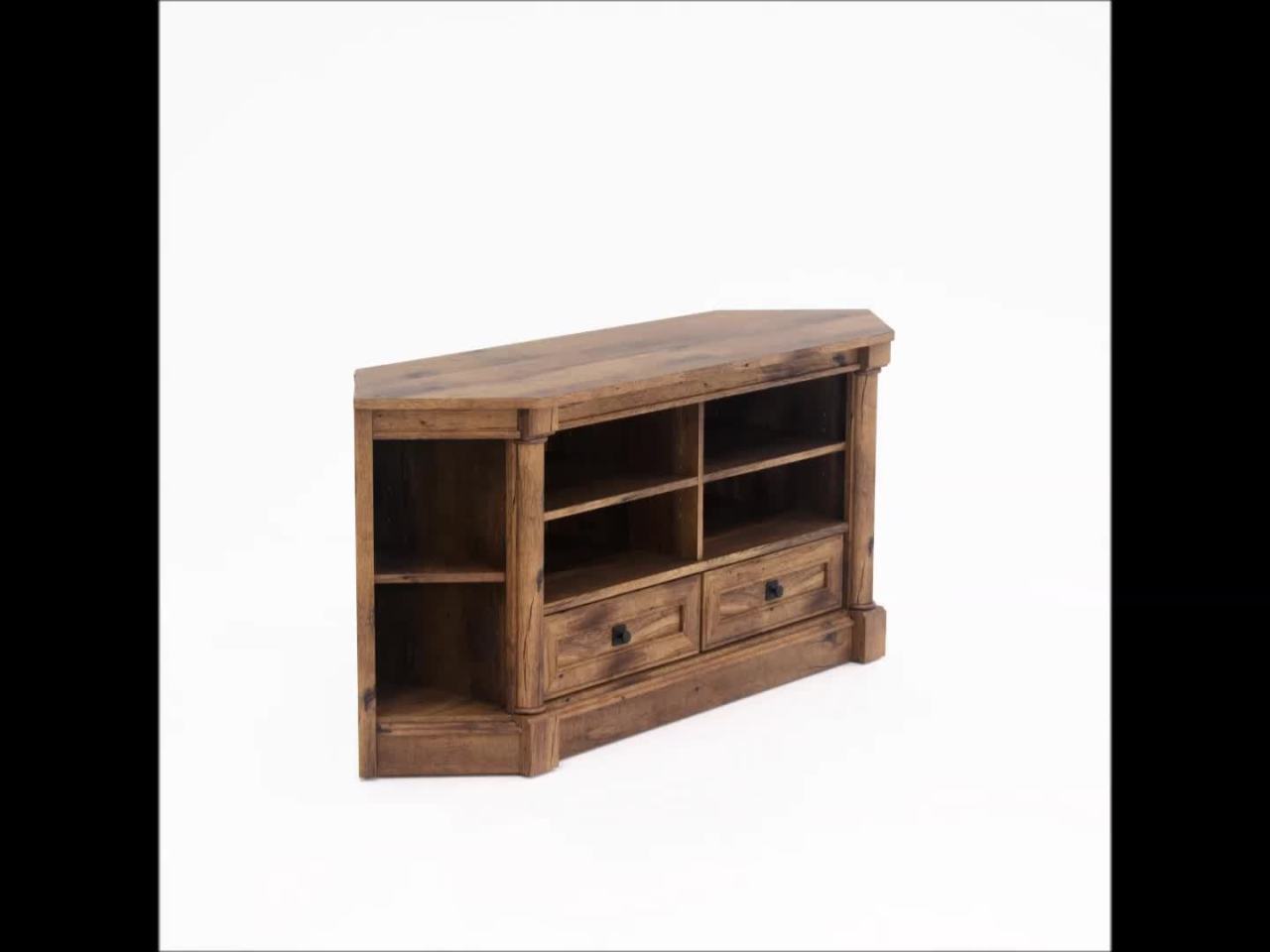 thumbnail video image 2 of Sauder Palladia Corner Entertainment TV Stand for TVs up to 60", Vintage Oak Finish, 2 of 13