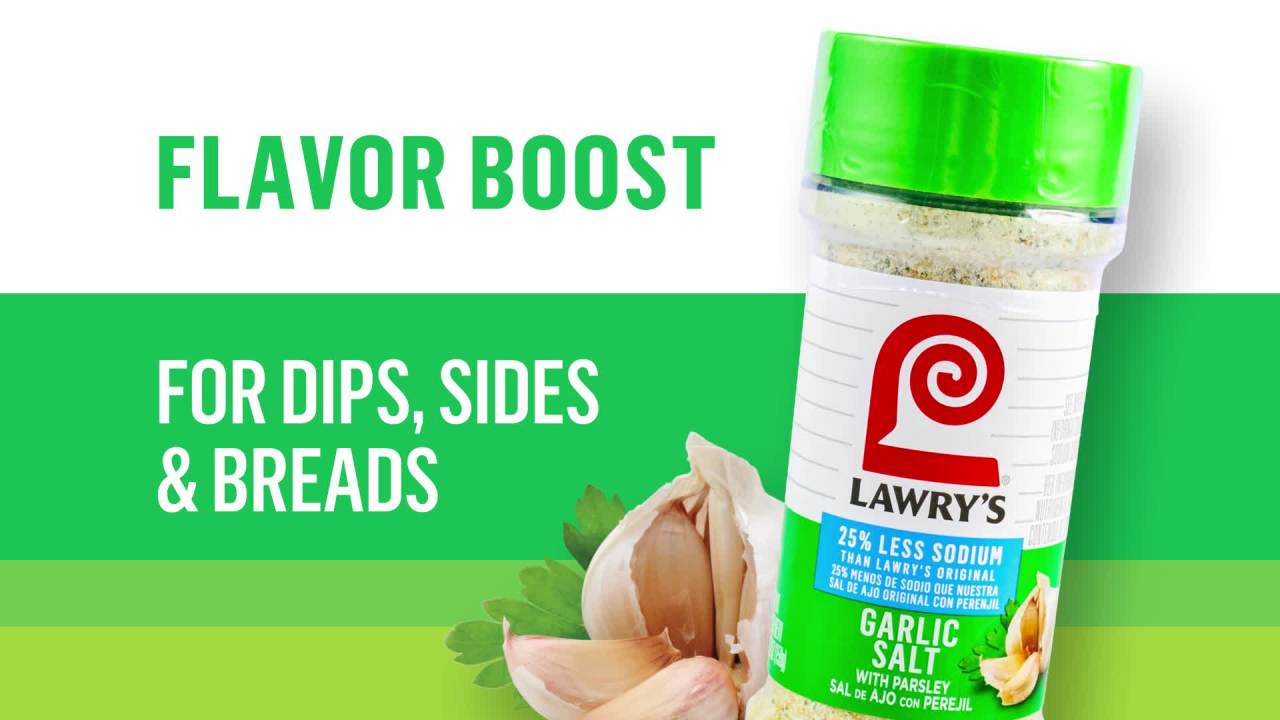 thumbnail video image 2 of Lawry's Kosher 25% Less Sodium Garlic Salt With Parsley, 5.62 oz Bottle, 2 of 28