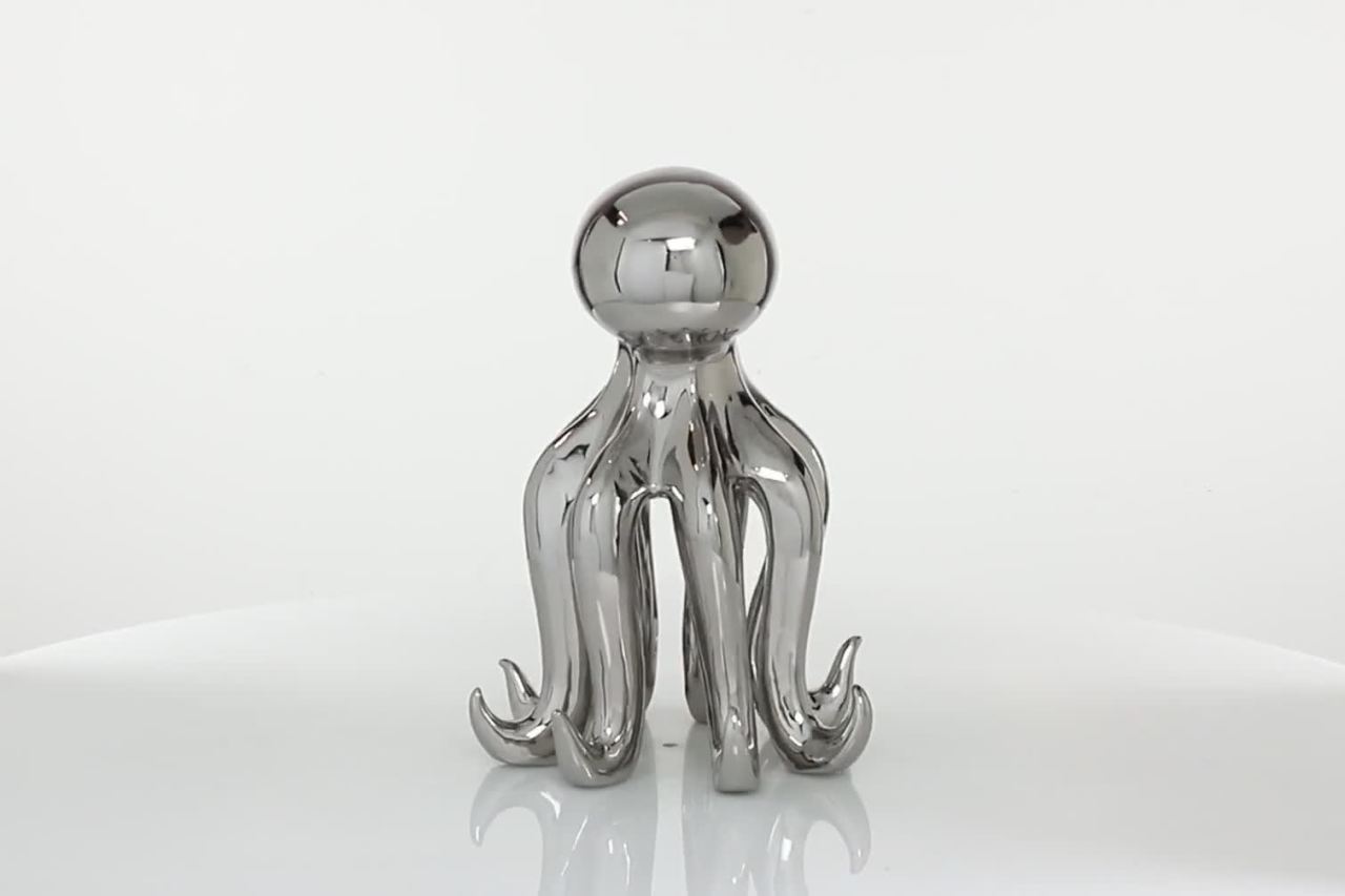 thumbnail video image 2 of 11" x 17" Silver Porcelain Ceramic Tall Octopus Sculpture with Long Tentacles, by DecMode, 2 of 10