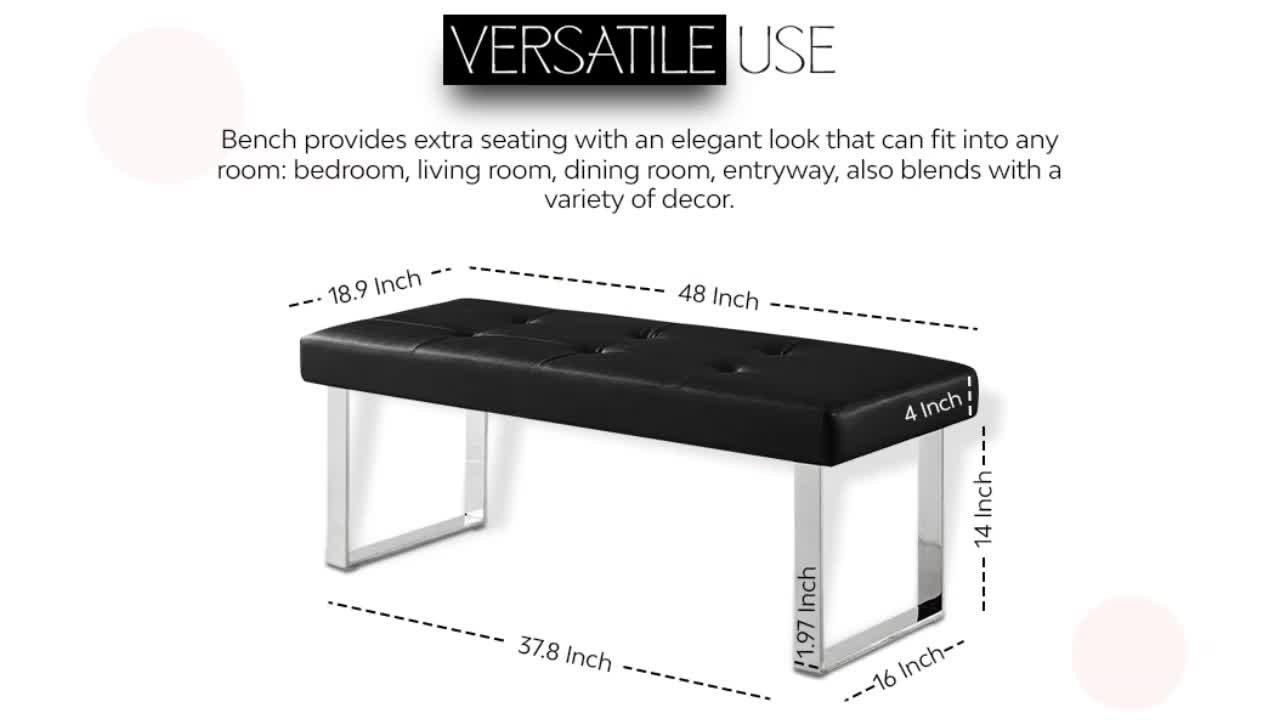 thumbnail video image 2 of Britta White/Chrome PU Leather Bench - Button Tufted, Chrome Square Legs, 2 of 9