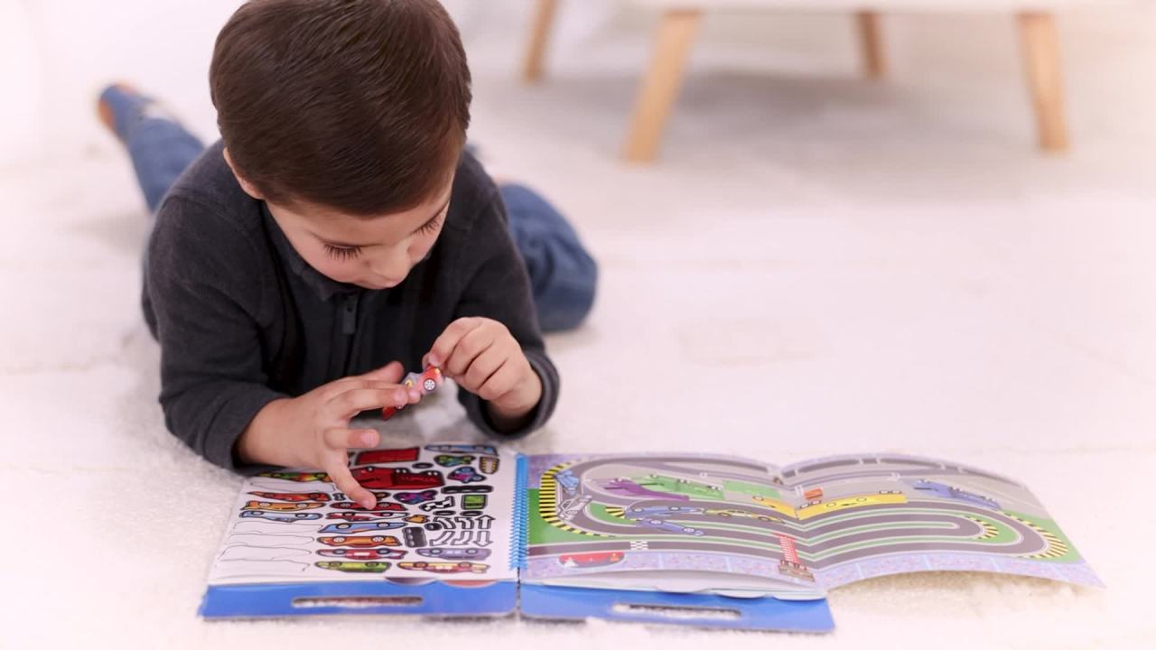 thumbnail video image 2 of Melissa & Doug Vehicles Restickable Stickers - 193 Stickers, 5 Fold-Out Scenes, Great for Travel, 2 of 10