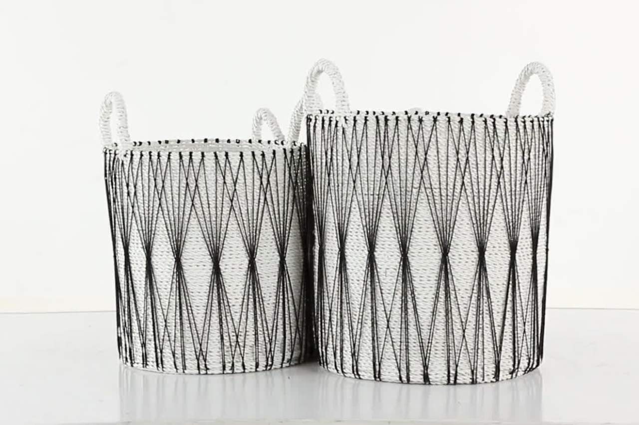 thumbnail video image 2 of DecMode Bohemian Banana Leaf Storage Basket, 21", 21", 19"H, White, 3 - Pieces, 2 of 9