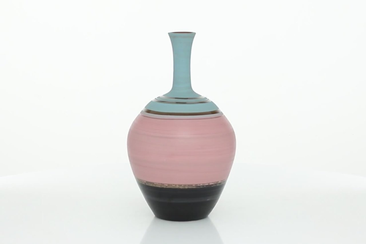 thumbnail video image 2 of DecMode 15" Pink Ceramic Vase with Blue Tops, 2 of 9