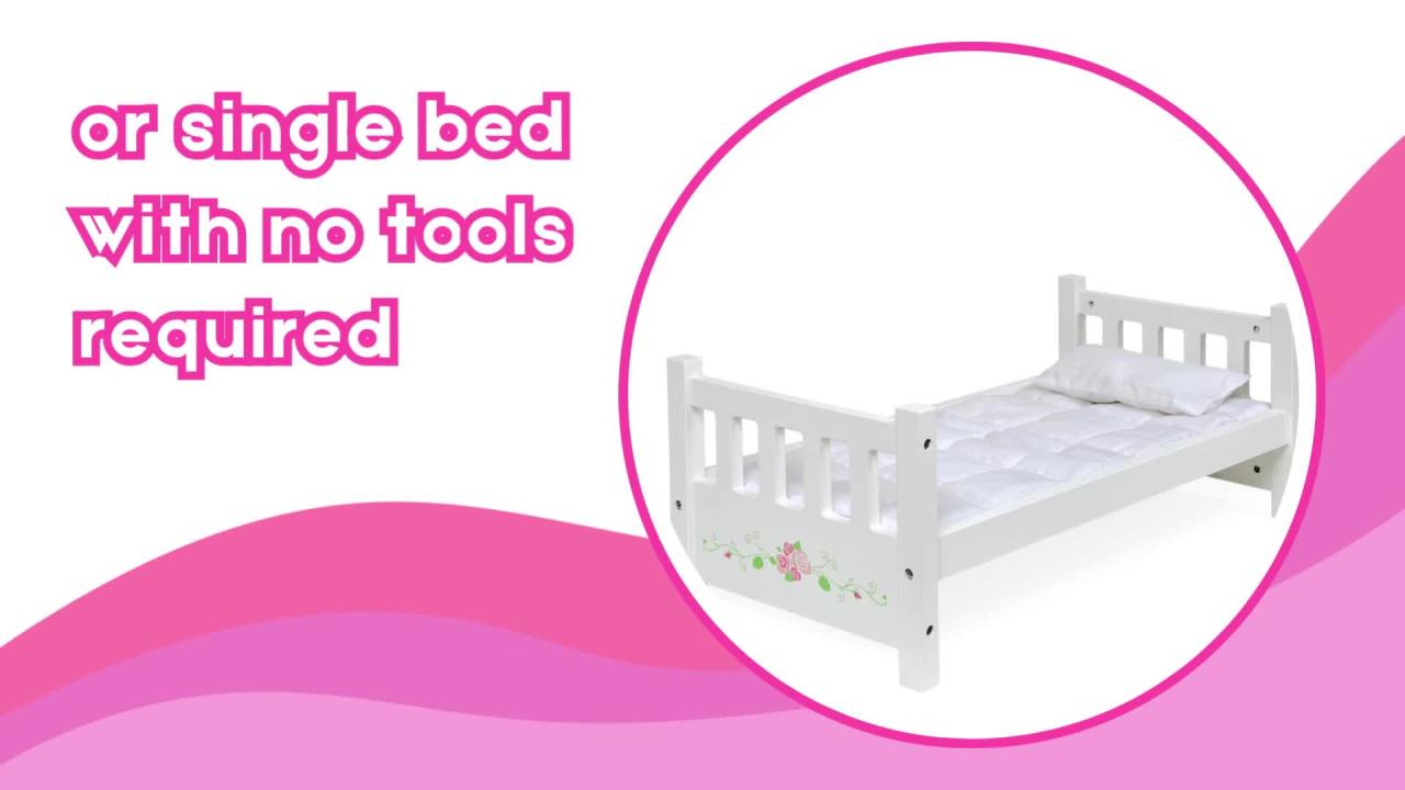 thumbnail video image 2 of 1-2-3 Convertible Doll Bunk Bed with Bedding, Baskets and Free Personalization Kit - White Rose, 2 of 9