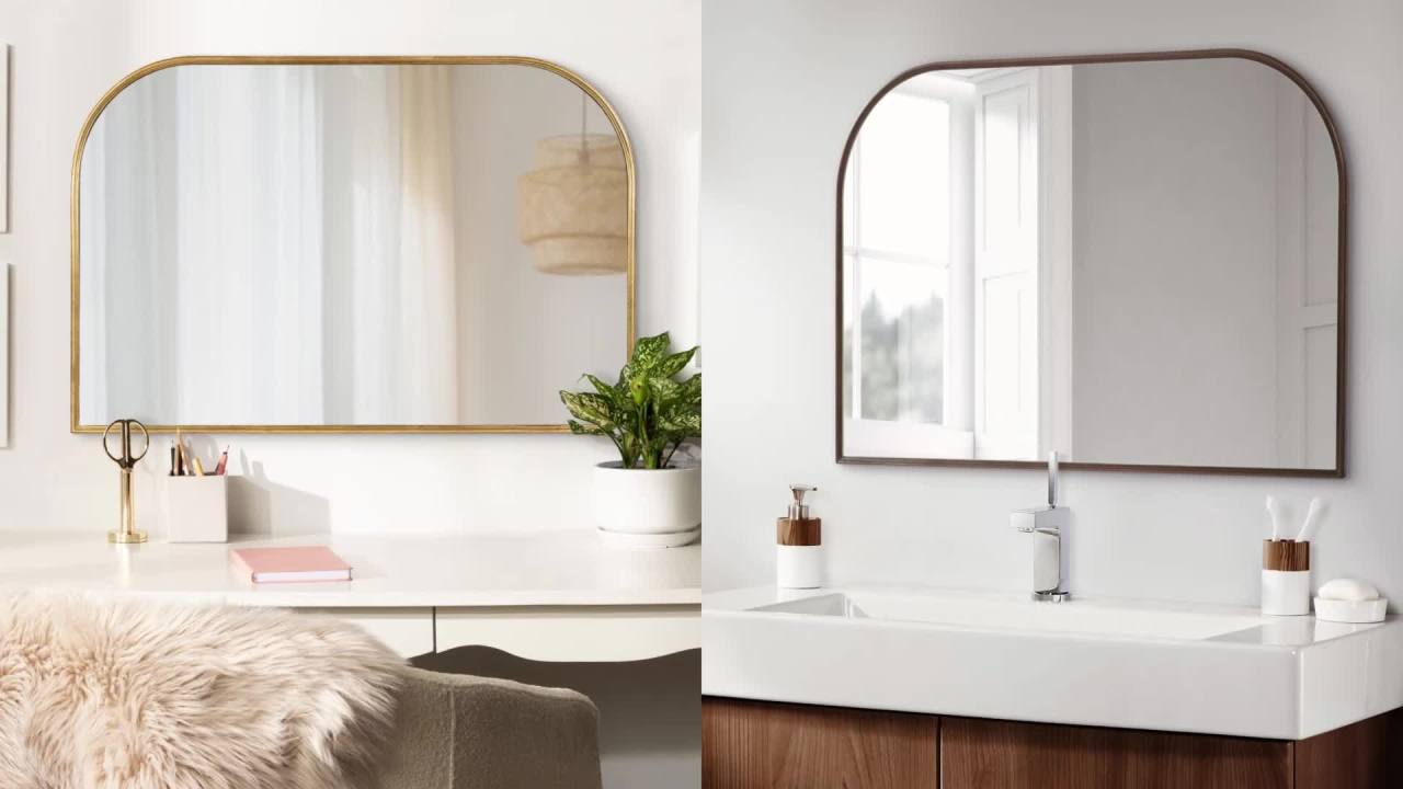 thumbnail video image 2 of Kate and Laurel Caskill Modern Arched Wall Mirror, 36 x 24. Bronze, Decorative Wide Contemporary Mirror for Wall Decor with Arched Frame and Sophisticated Look, 2 of 8