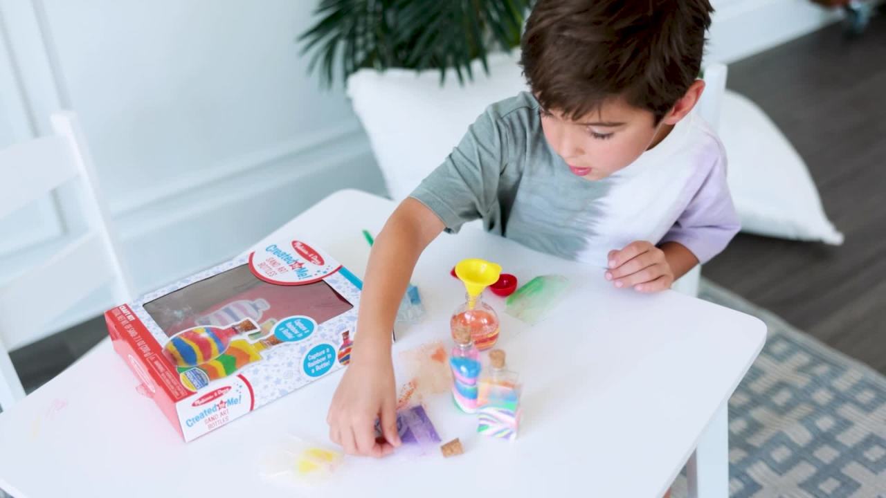 thumbnail video image 2 of Melissa & Doug Created by Me! Sand Art Bottles Craft Kit: 3 Bottles, 6 Bags of Colored Sand, Design Tool, 2 of 10