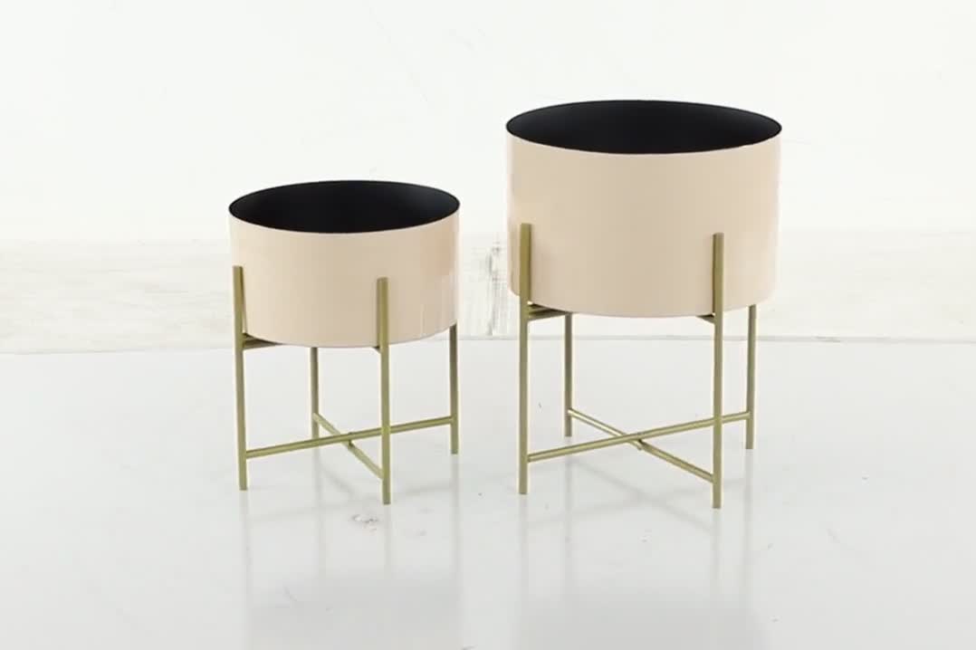 thumbnail video image 2 of DecMode 12", 16"H Indoor Outdoor Pink Metal Planter with Removable Gold Stand (2 Count), 2 of 8