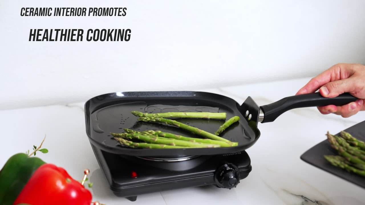 thumbnail video image 3 of IMUSA Nonstick Ceramic Cookware Set 4-Pieces, 10" and 10.5" Inches, with Stay-Cool Handles, Aluminum, Black, 3 of 9