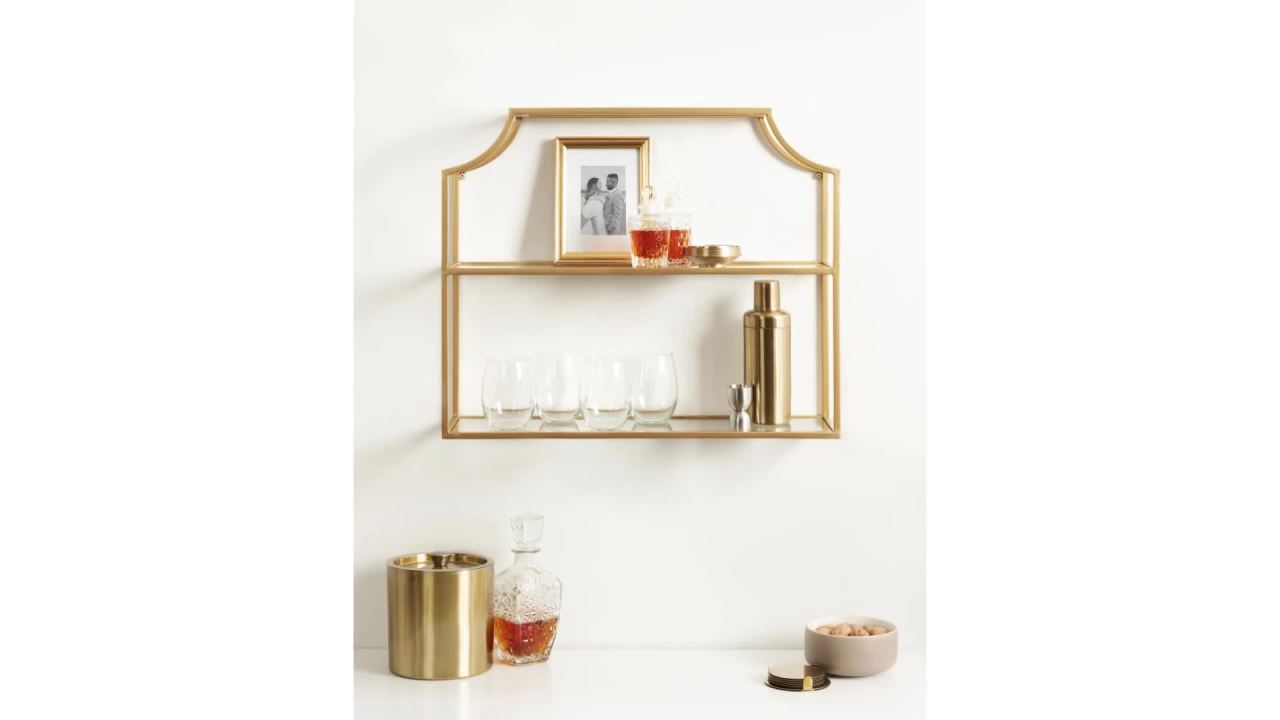 thumbnail video image 2 of Kate and Laurel Ciel Modern Glam Wide Two-Tier Wall Shelf, 24 x 20, Gold, Tiered Bathroom Shelves for Over the Toilet Storage or Bedroom Makeup Organizer, 2 of 9